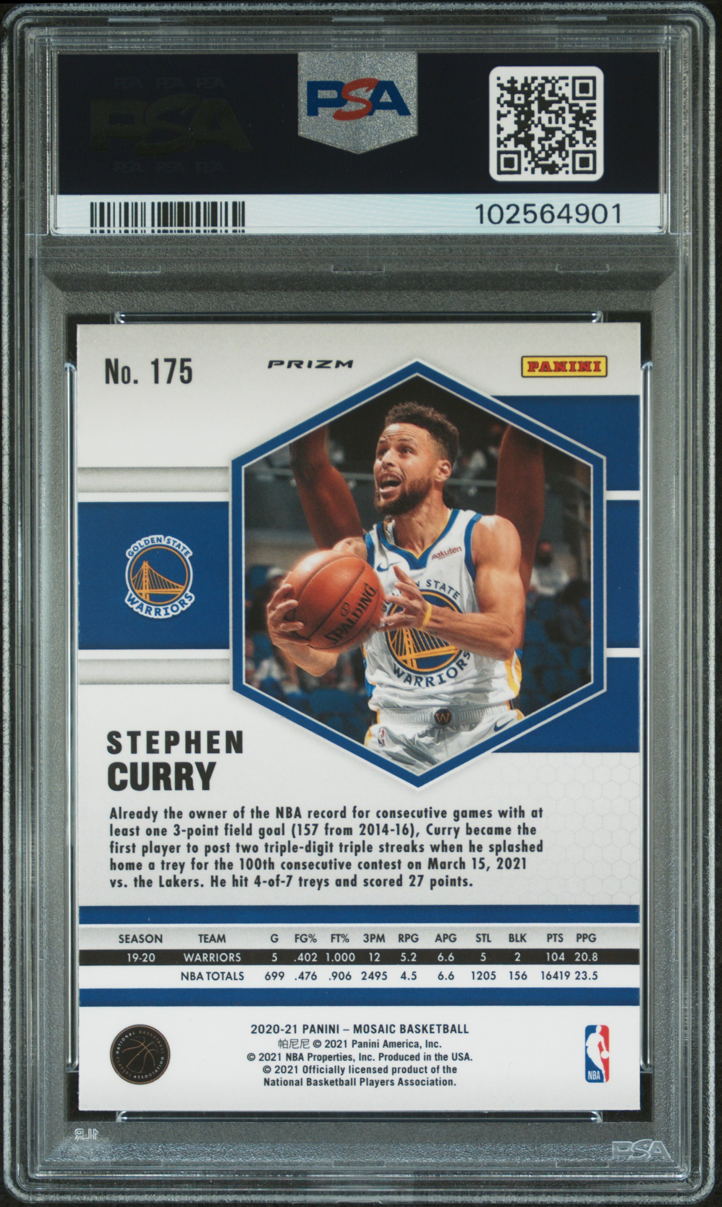 2020 Panini Mosaic Stephen Curry #175 (Green Mosaic) Gem Mt 10 back