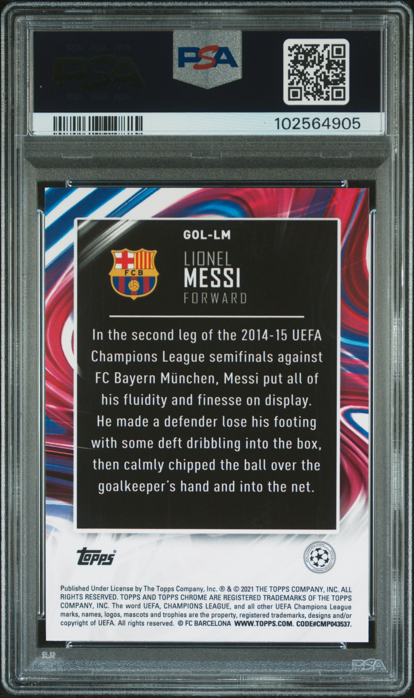 2020 Topps Chrome Uefa Champions League Golazo Lionel Messi #Gollm (Golazo) Gem Mt 10 back