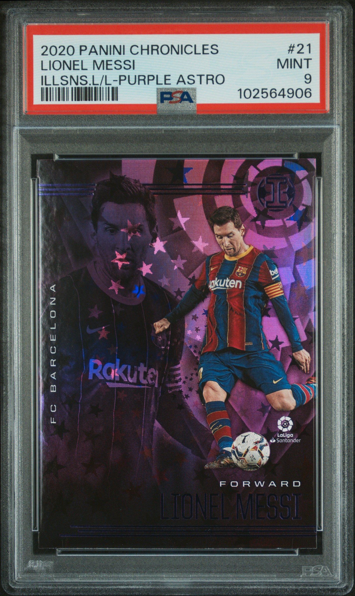 2020 Panini Chronicles Illusions La Liga Lionel Messi #21 (Illsns.l/L-Purple Astro) Mint 9 front