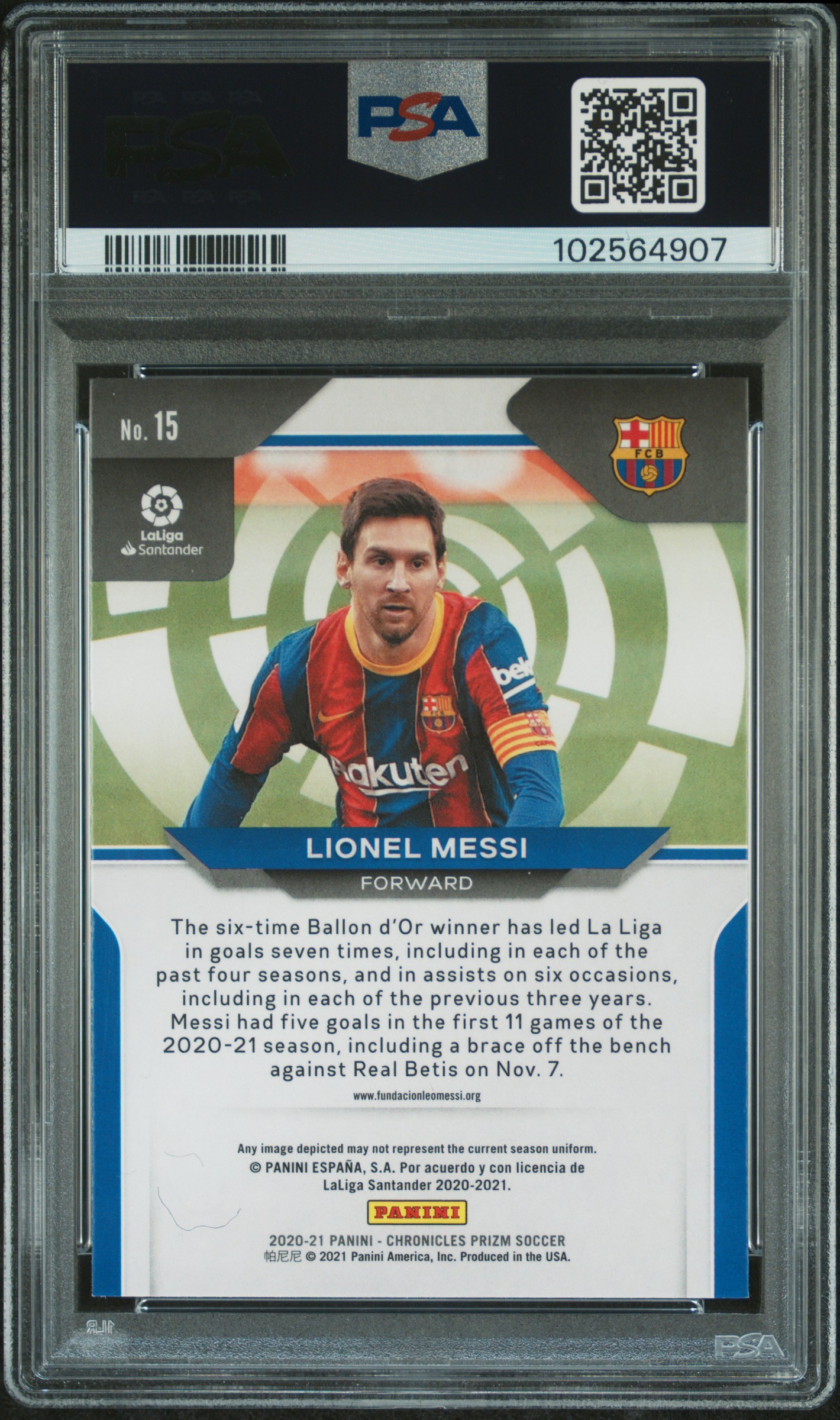 2020 Panini Chronicles Prizm La Liga Lionel Messi #15 (Prizm La Liga) Mint 9 back