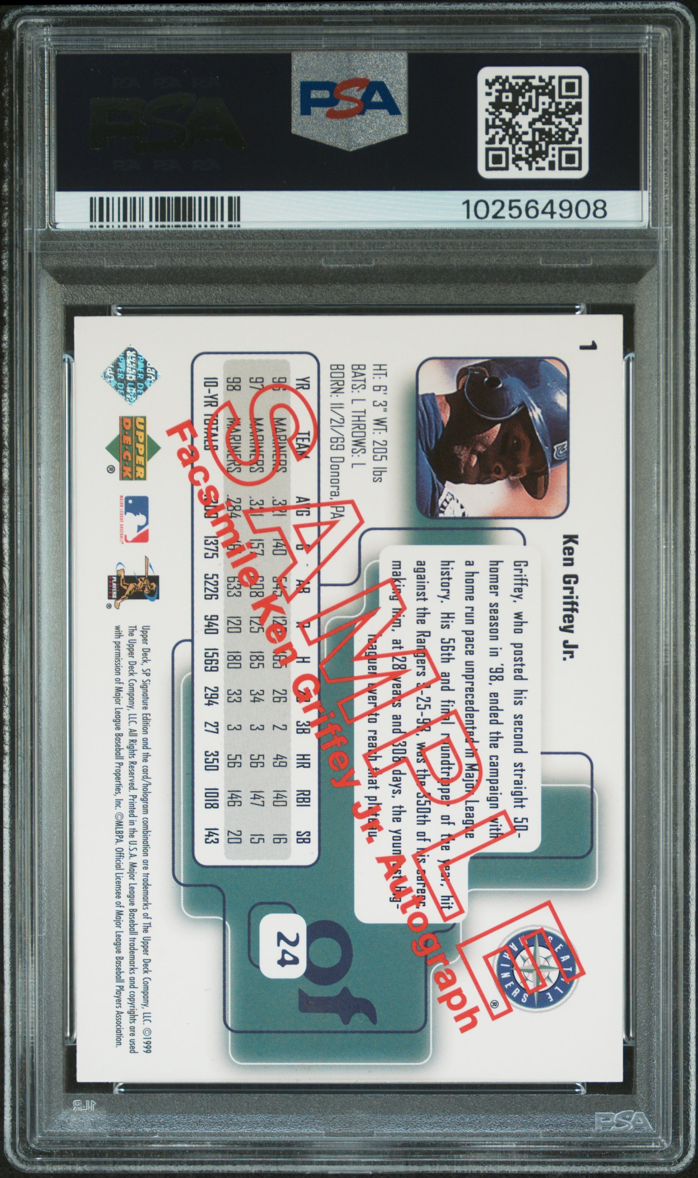 1999 Sp Signature Sample Ken Griffey Jr. #1 (Sample) Nm-Mt 8 back