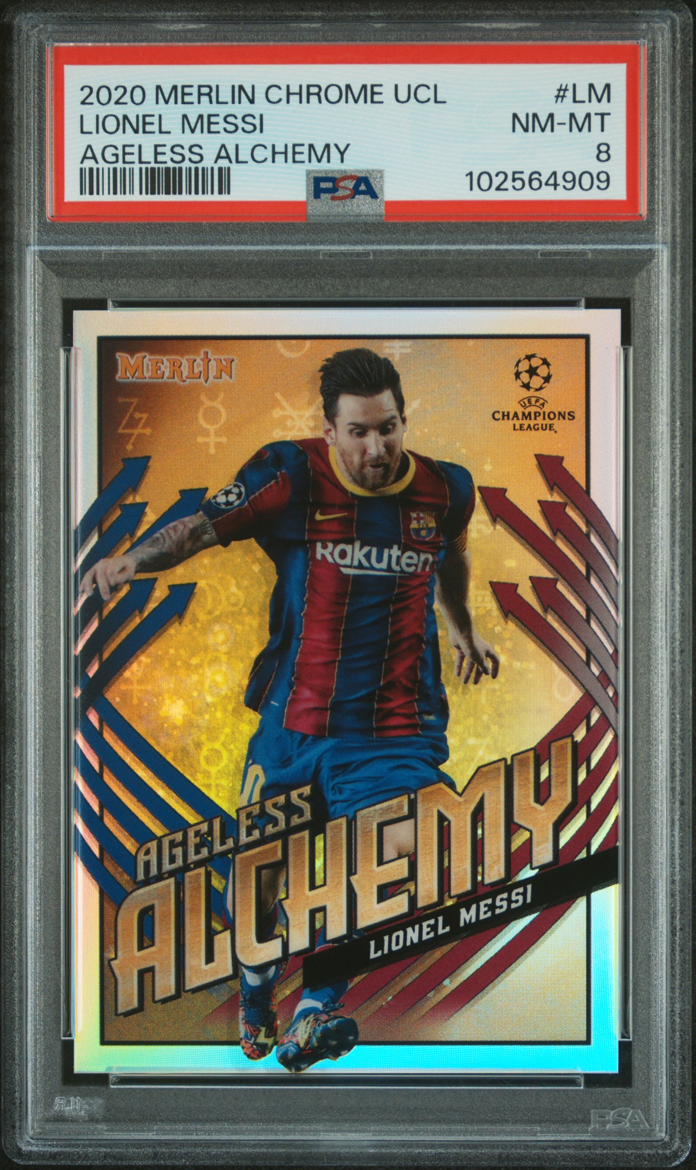 2020 Topps Merlin Chrome Uefa Champions League Ageless Alchemy Lionel Messi #Lm (Ageless Alchemy) Nm-Mt 8 front