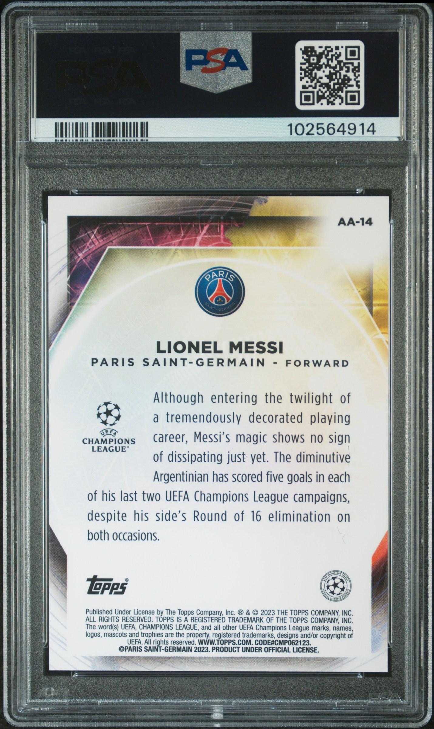 2022-23 Topps Merlin Chrome Uefa Club Competitions Ageless Alchemy Lionel Messi #Aa14 Mint 9 back