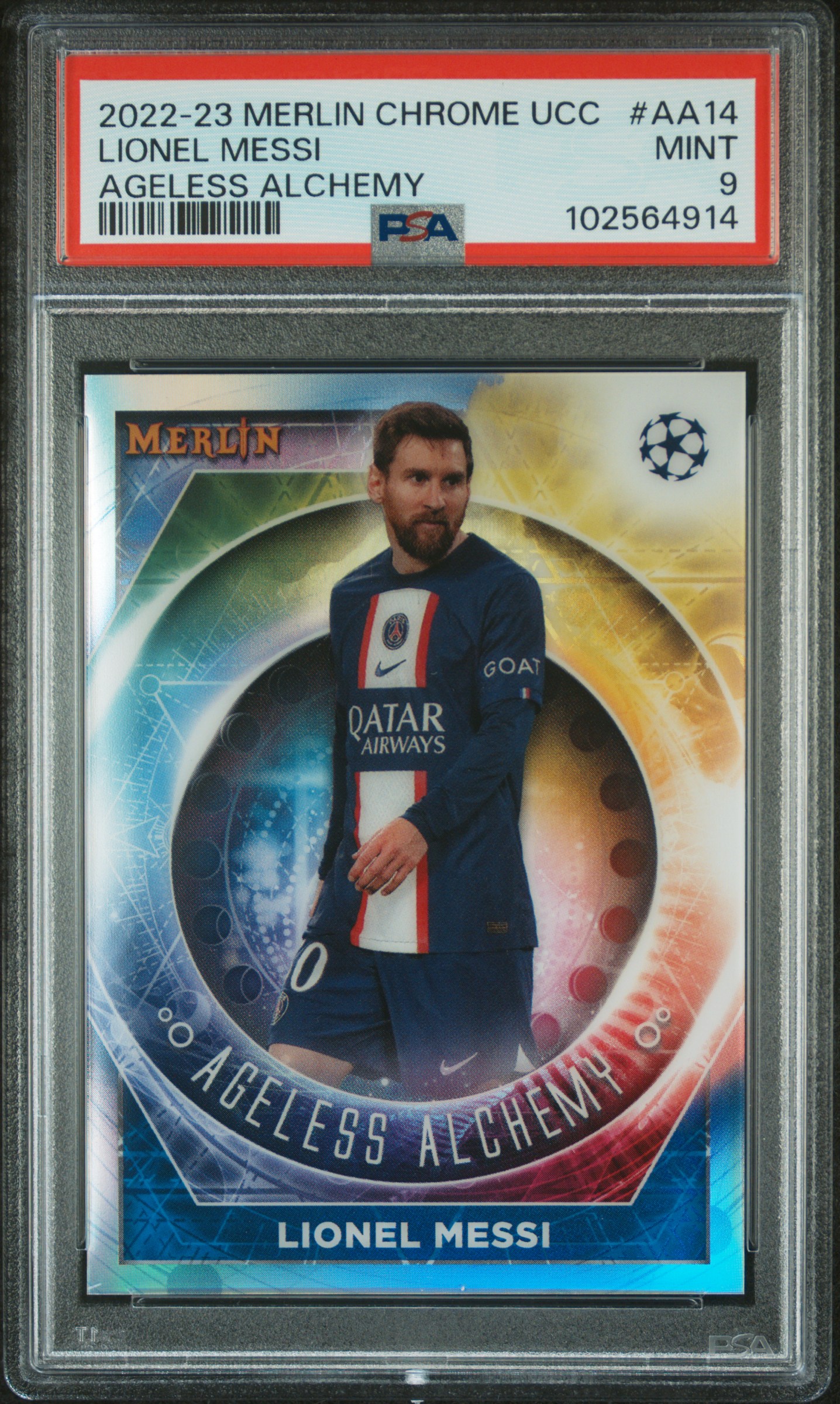 2022-23 Topps Merlin Chrome Uefa Club Competitions Ageless Alchemy Lionel Messi #Aa14 Mint 9 front