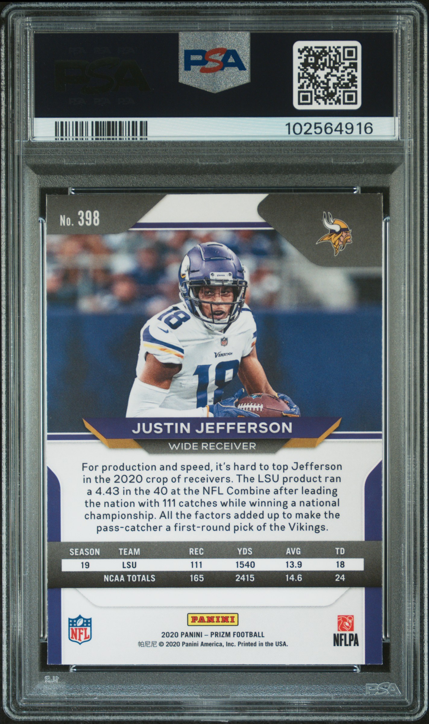 2020 Panini Prizm Justin Jefferson #398 Mint 9 back