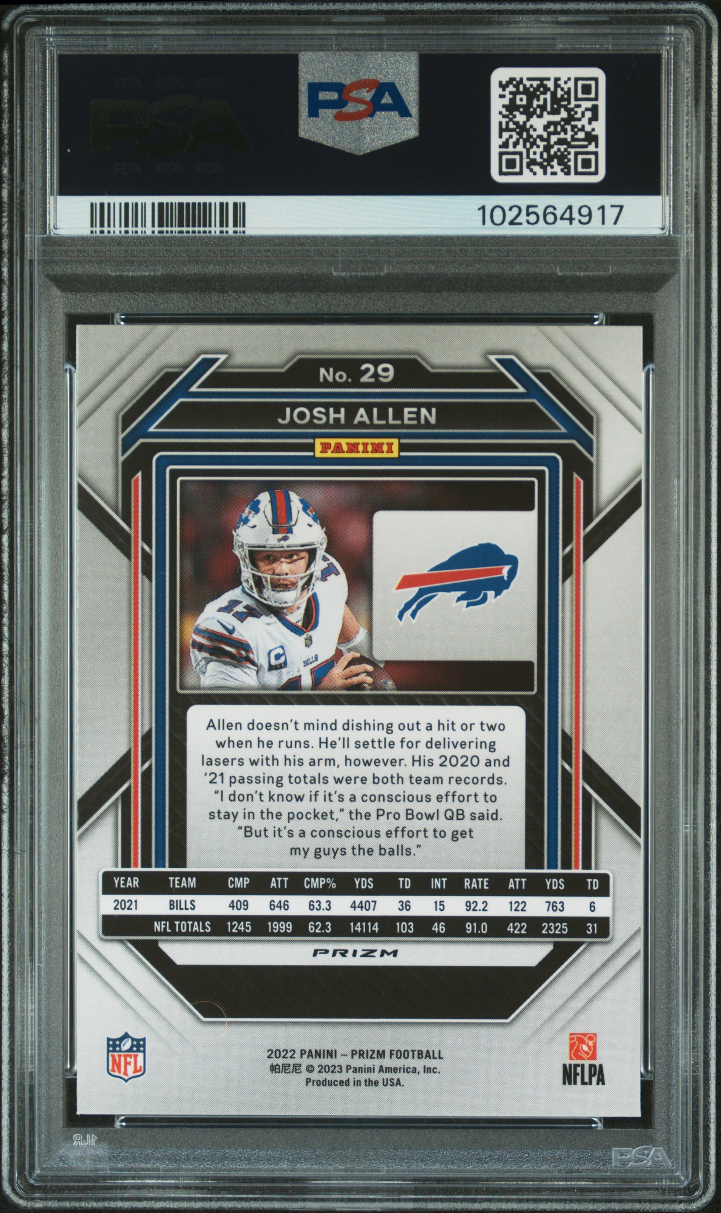 2022 Panini Prizm Josh Allen #29 (Green Prizm) Gem Mt 10 back