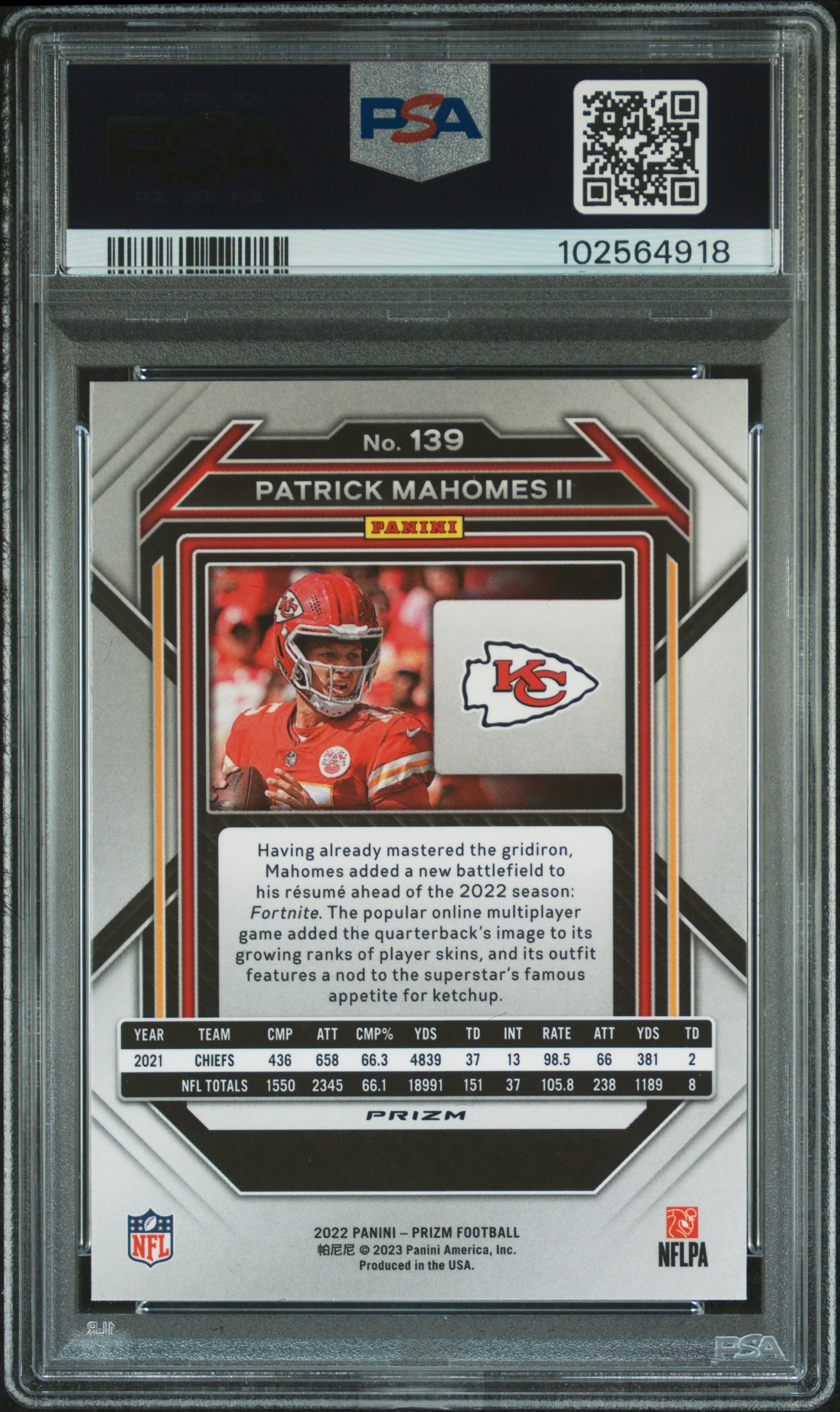 2022 Panini Prizm Patrick Mahomes Ii #139 (Green Prizm) Mint 9 back