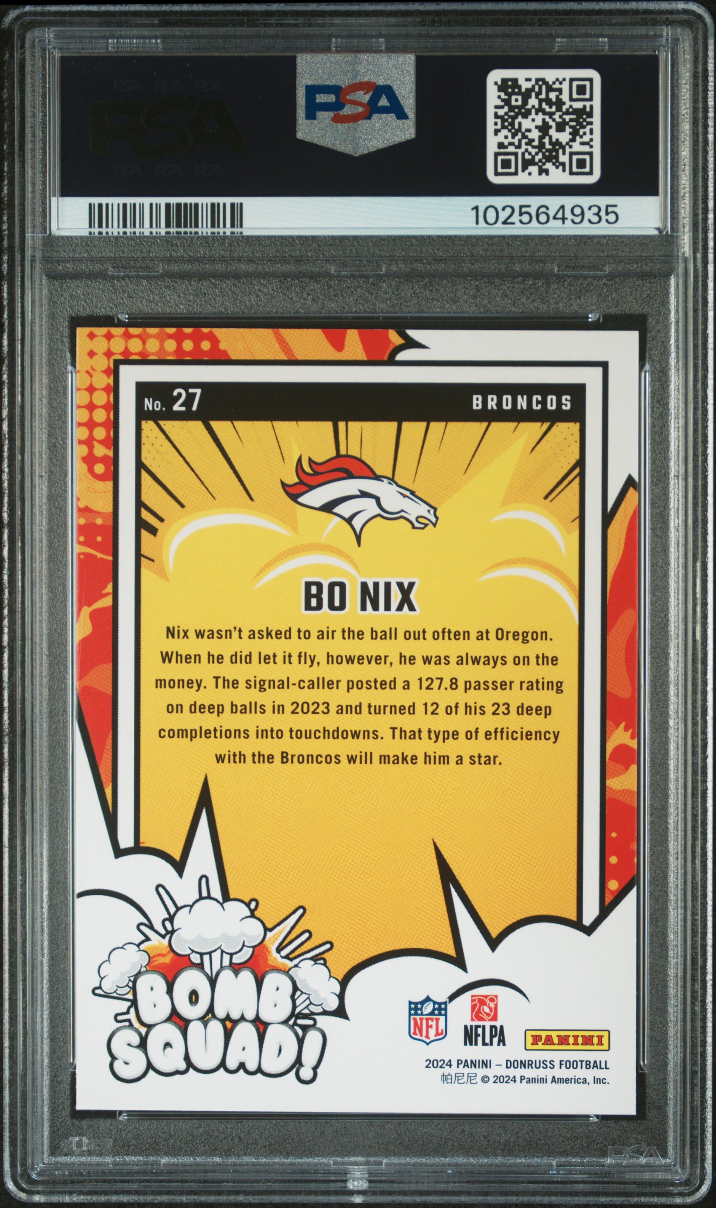 2024 Panini Donruss Bomb Squad Bo Nix #27 Gem Mt 10 back