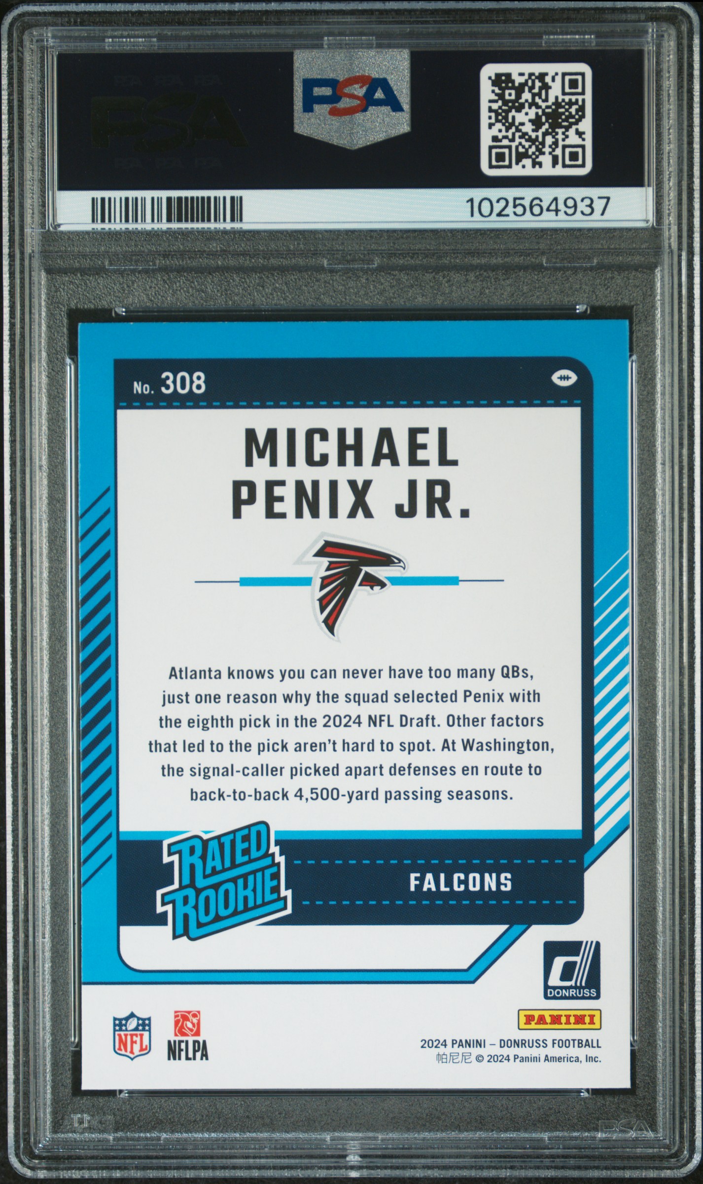 2024 Panini Donruss Michael Penix Jr. #308 Gem Mt 10 back