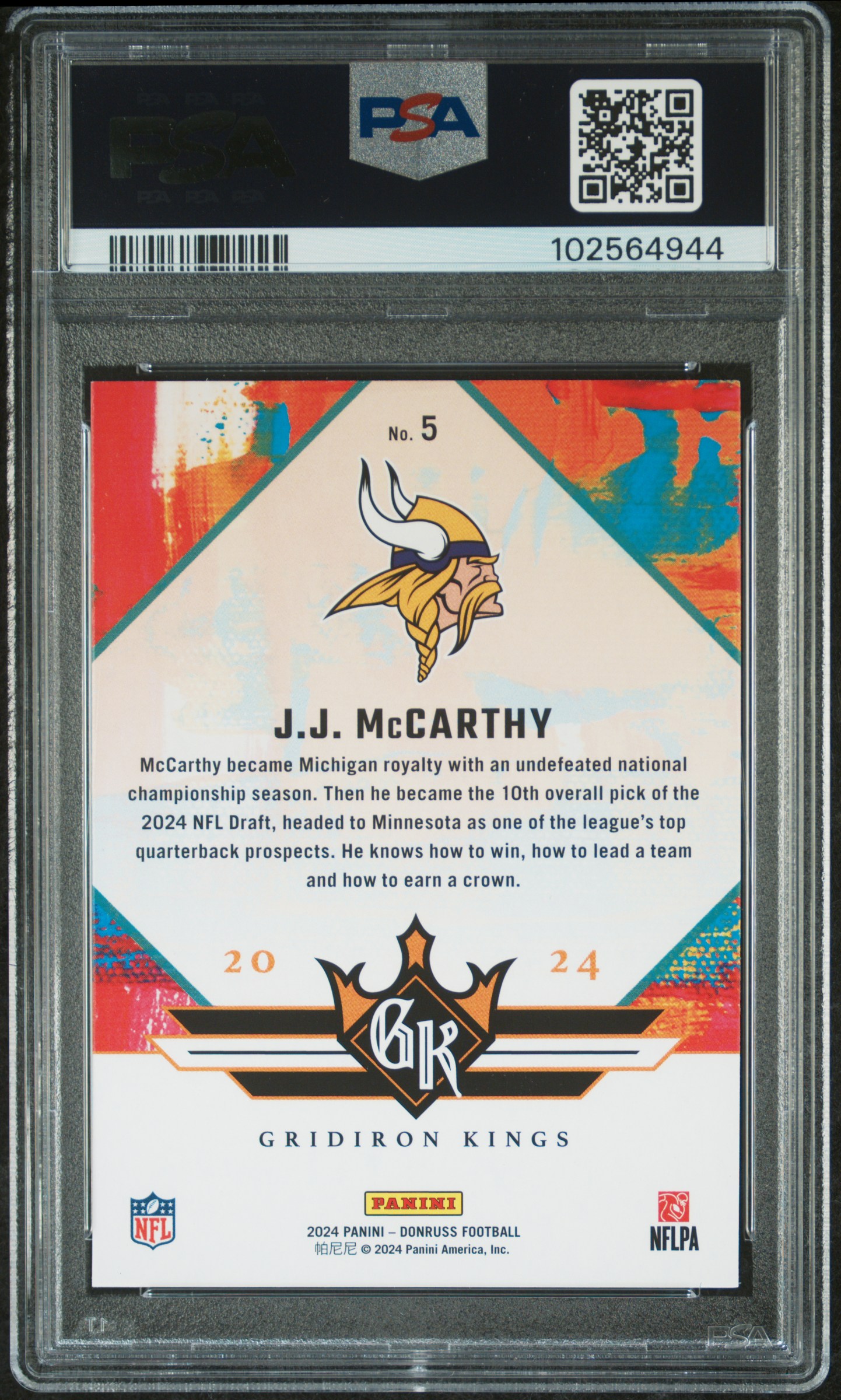2024 Panini Donruss Rookie Gridiron Kings Jj Mccarthy #5 Nm-Mt 8 back