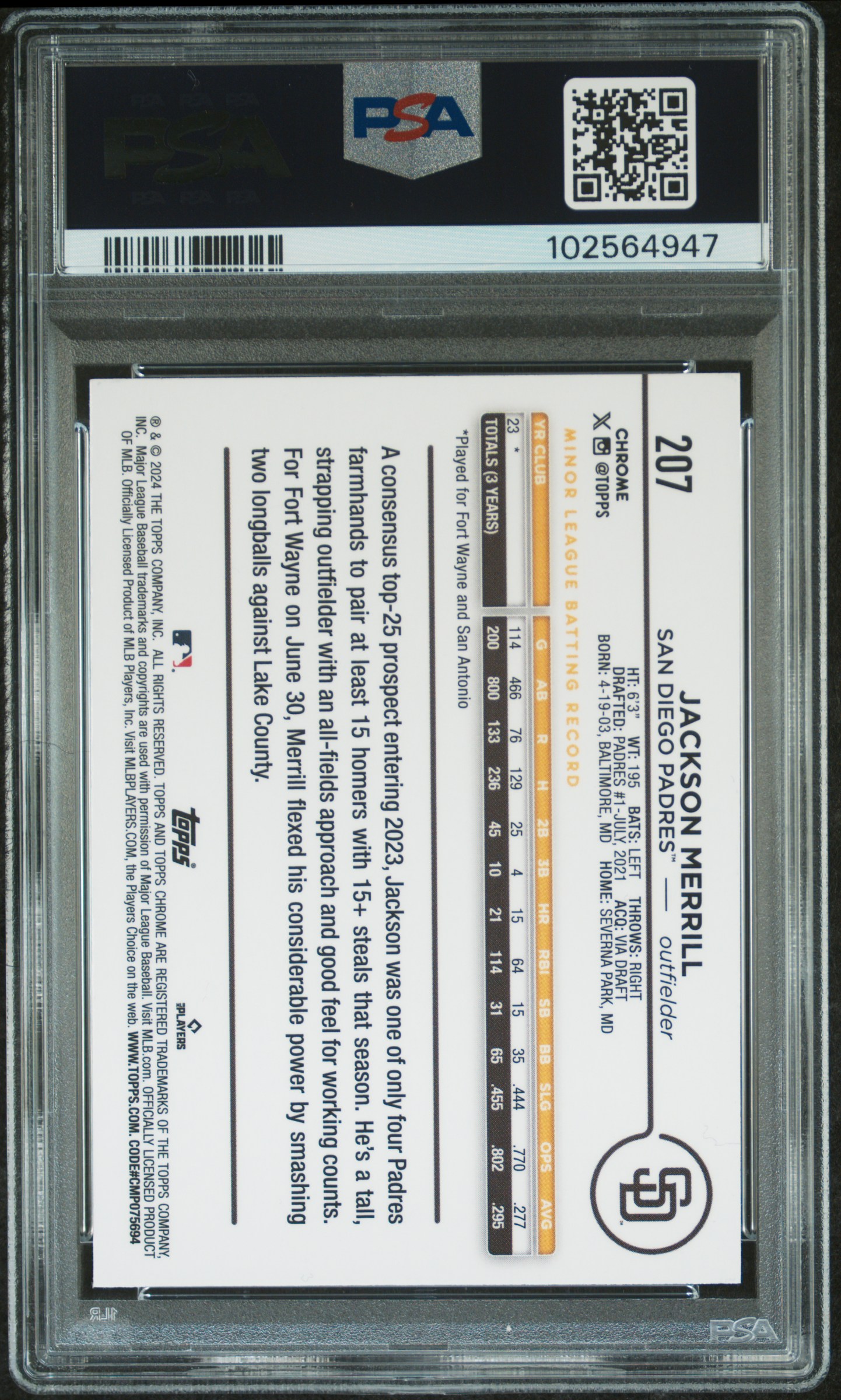 2024 Topps Chrome Jackson Merrill #207 (Raywave) Gem Mt 10 back