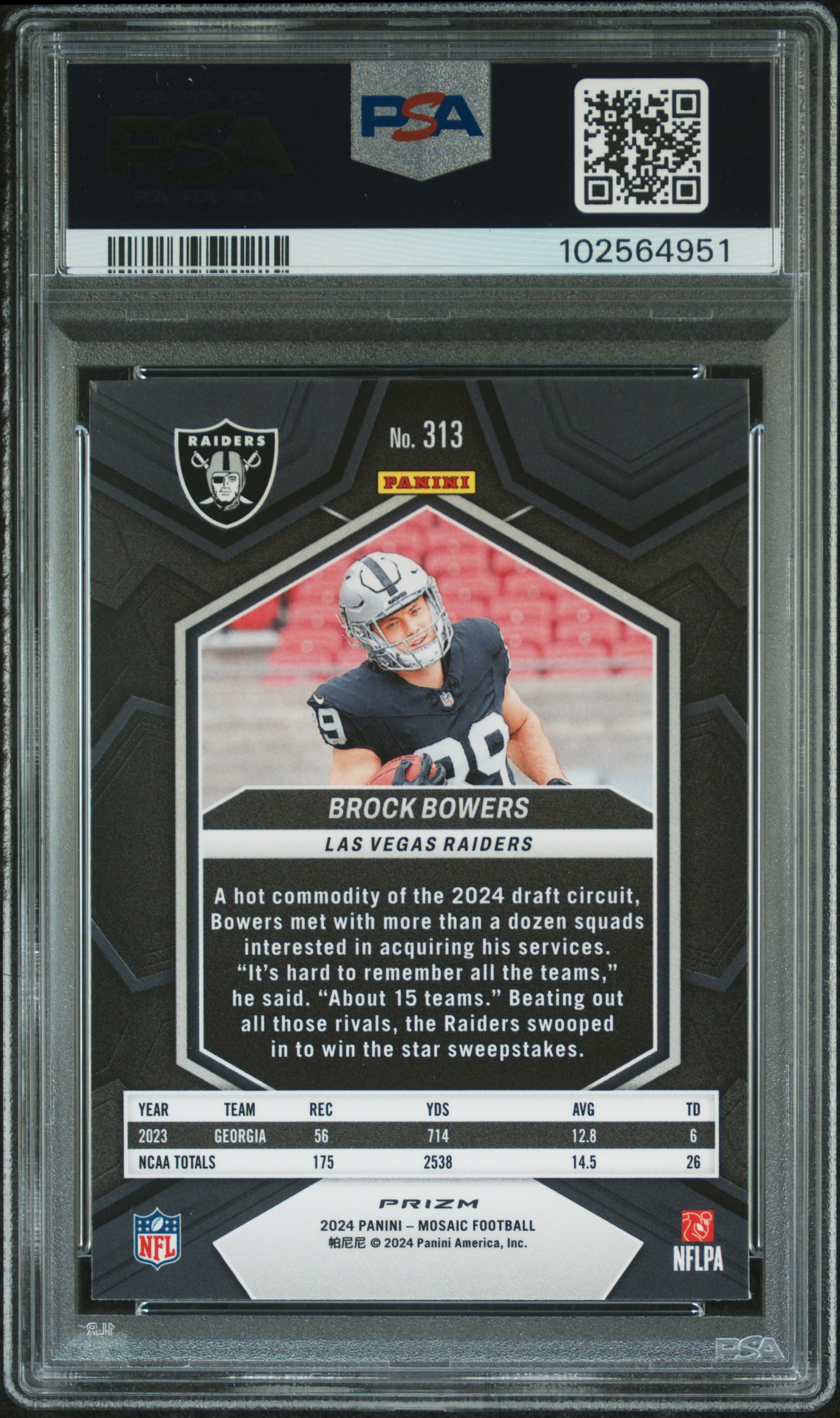 2024 Panini Mosaic Brock Bowers #313 (Silver) Gem Mt 10 back