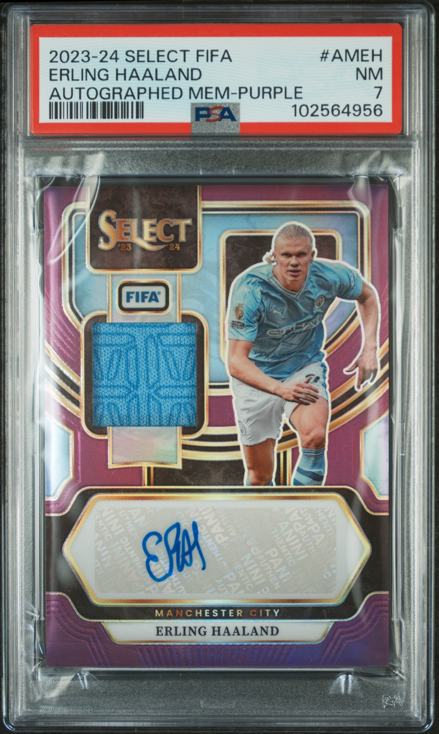 2023-24 Panini Select Fifa Autographed Memorabilia Erling Haaland #Ameh (Autographed Mem-Purple) Nm 7 front