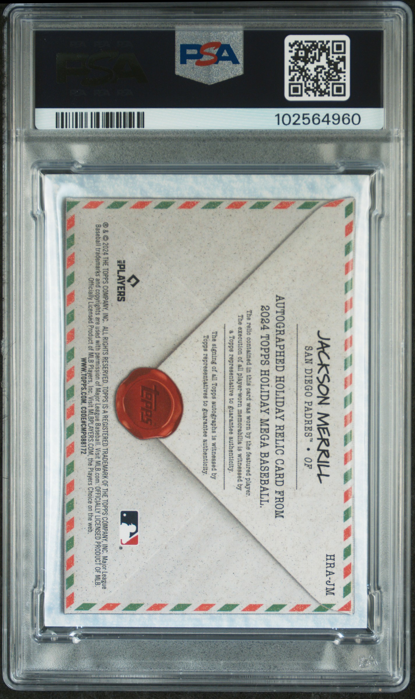 2024 Topps Holiday Holiday Relic Autographs Jackson Merrill #Hrajm Ex-Mt 6 back