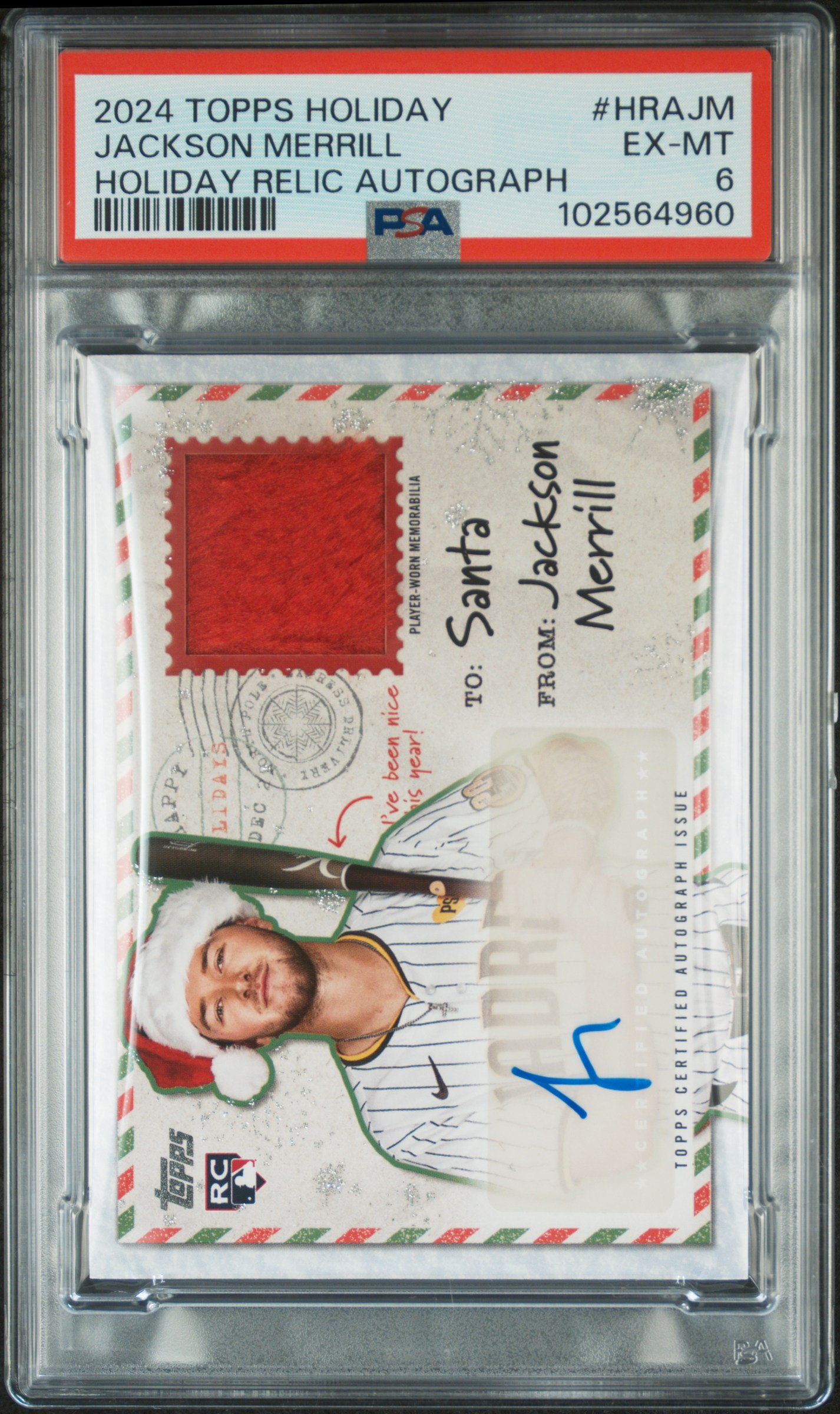 2024 Topps Holiday Holiday Relic Autographs Jackson Merrill #Hrajm Ex-Mt 6 front