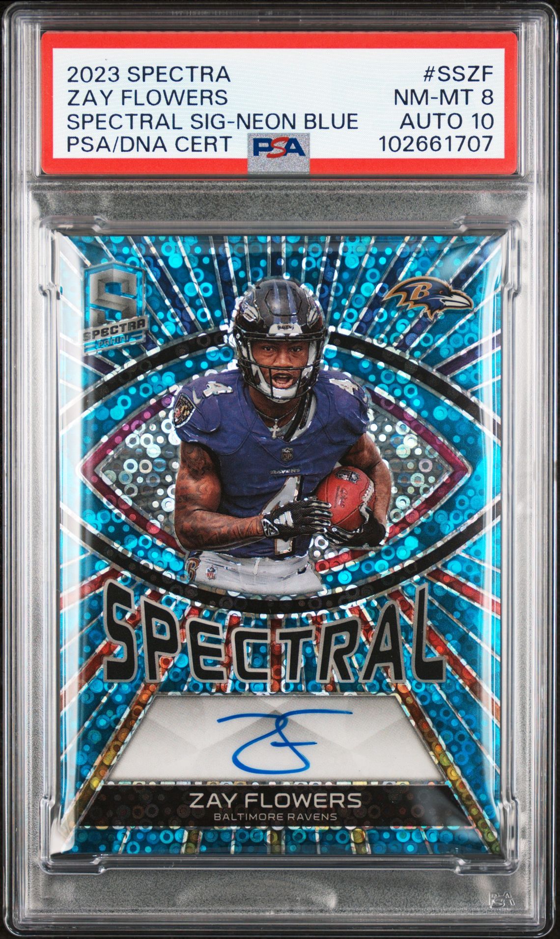 2023 Panini Spectra Spectral Signatures Zay Flowers #Sszf (Spectral Sig-Neon Blue) Nm-Mt 8 front