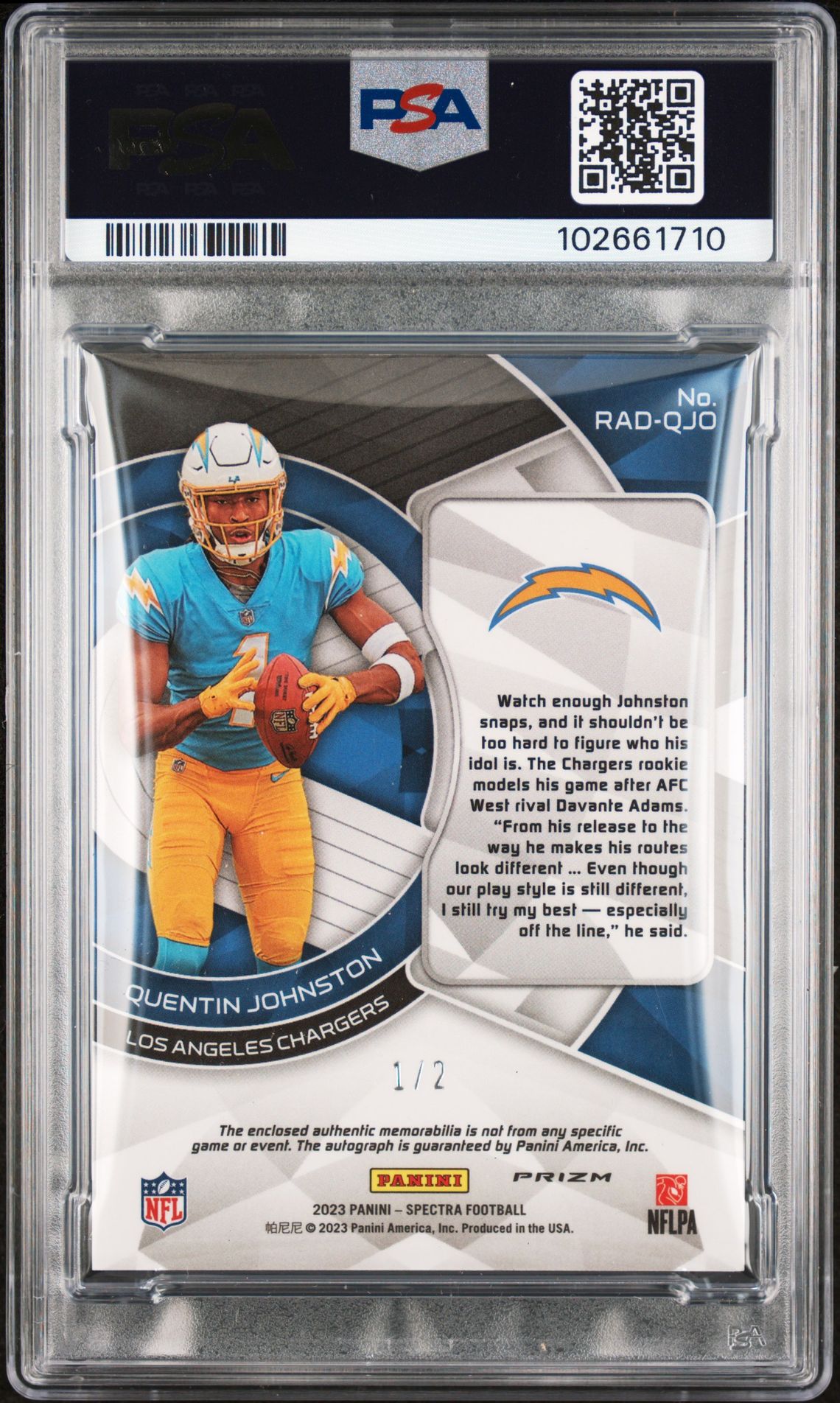 2023 Panini Spectra Radiant Rookie Patch Signatures Quentin Johnston #Radqjo (Rdnt Rk Pat Sig-Nebula) Nm-Mt 8 back