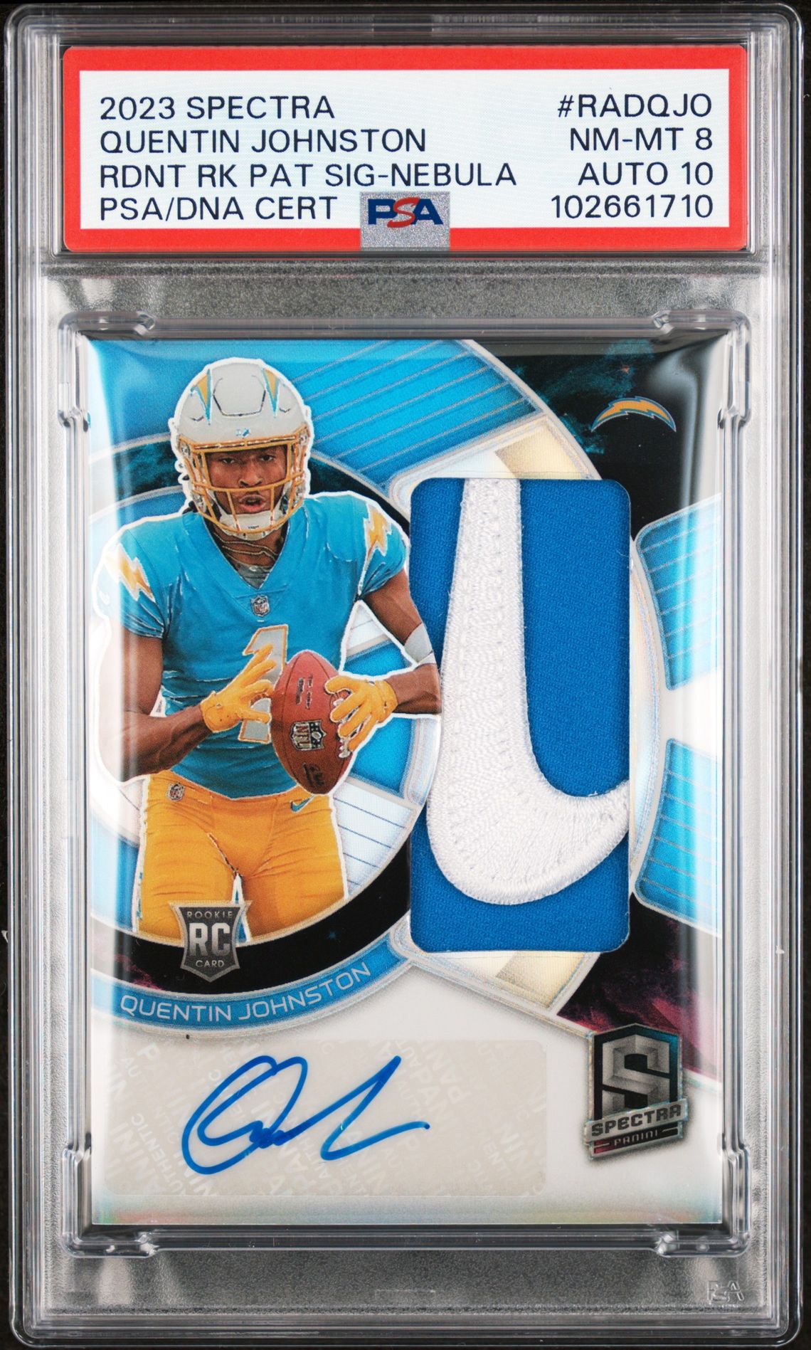 2023 Panini Spectra Radiant Rookie Patch Signatures Quentin Johnston #Radqjo (Rdnt Rk Pat Sig-Nebula) Nm-Mt 8 front
