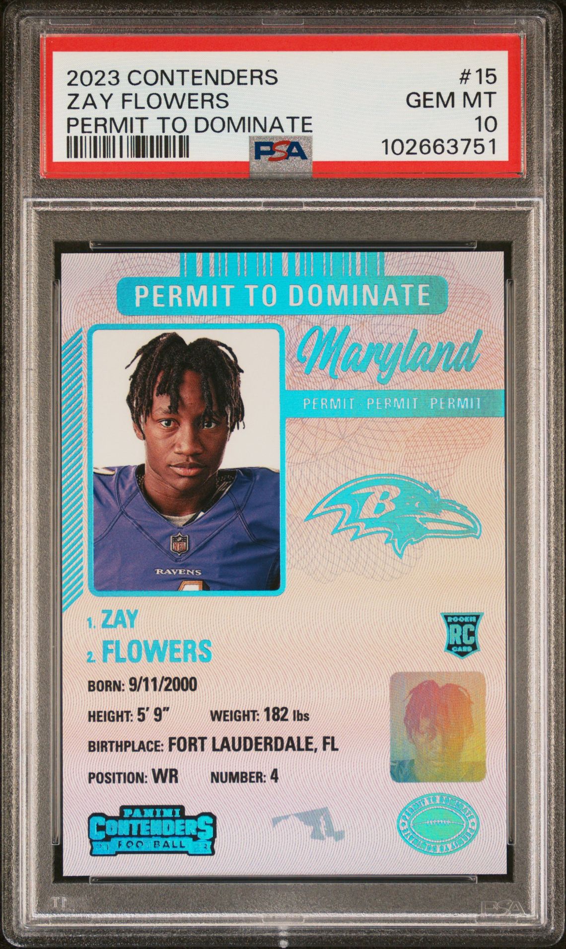 2023 Panini Contenders Permit To Dominate Zay Flowers #15 Gem Mt 10 front