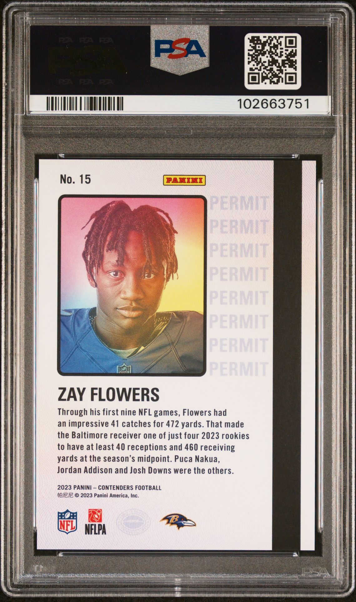 2023 Panini Contenders Permit To Dominate Zay Flowers #15 Gem Mt 10 back