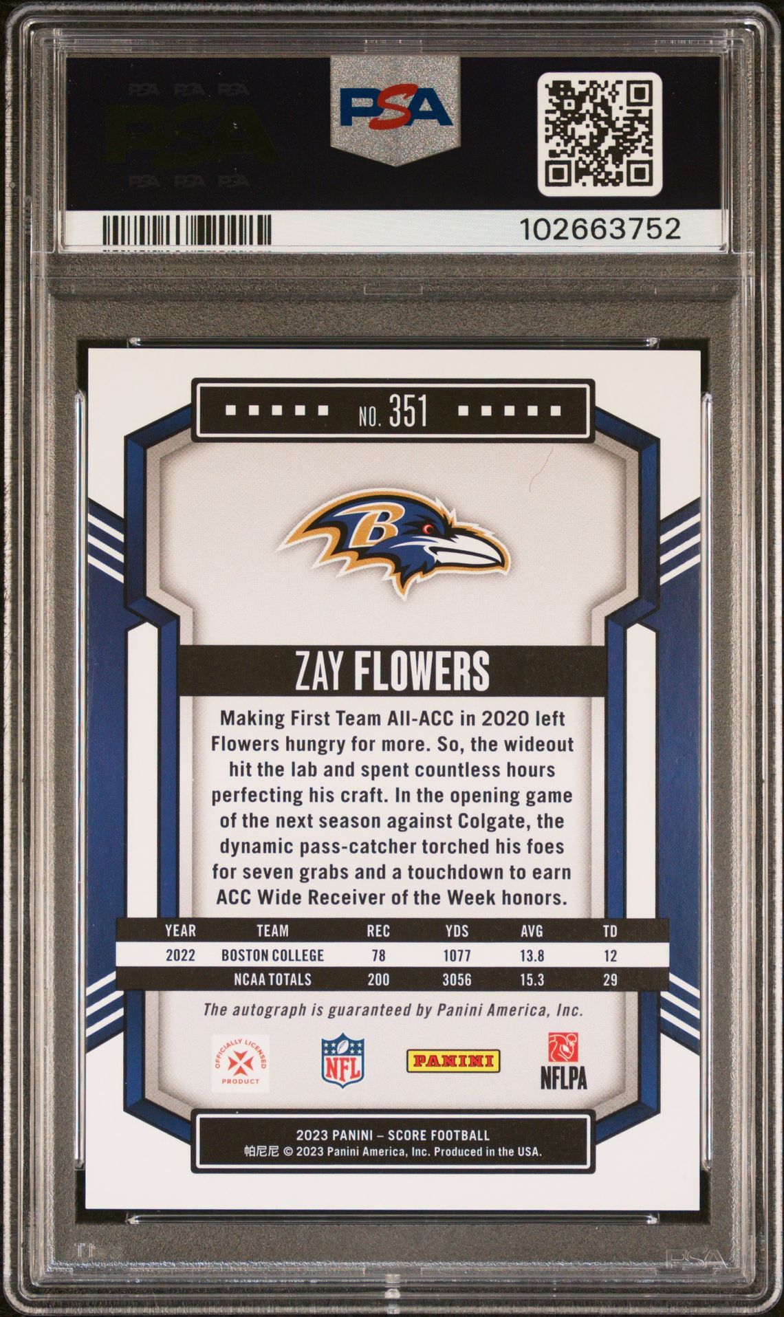 2023 Panini Score Zay Flowers #351 (Autograph) Gem Mt 10 back