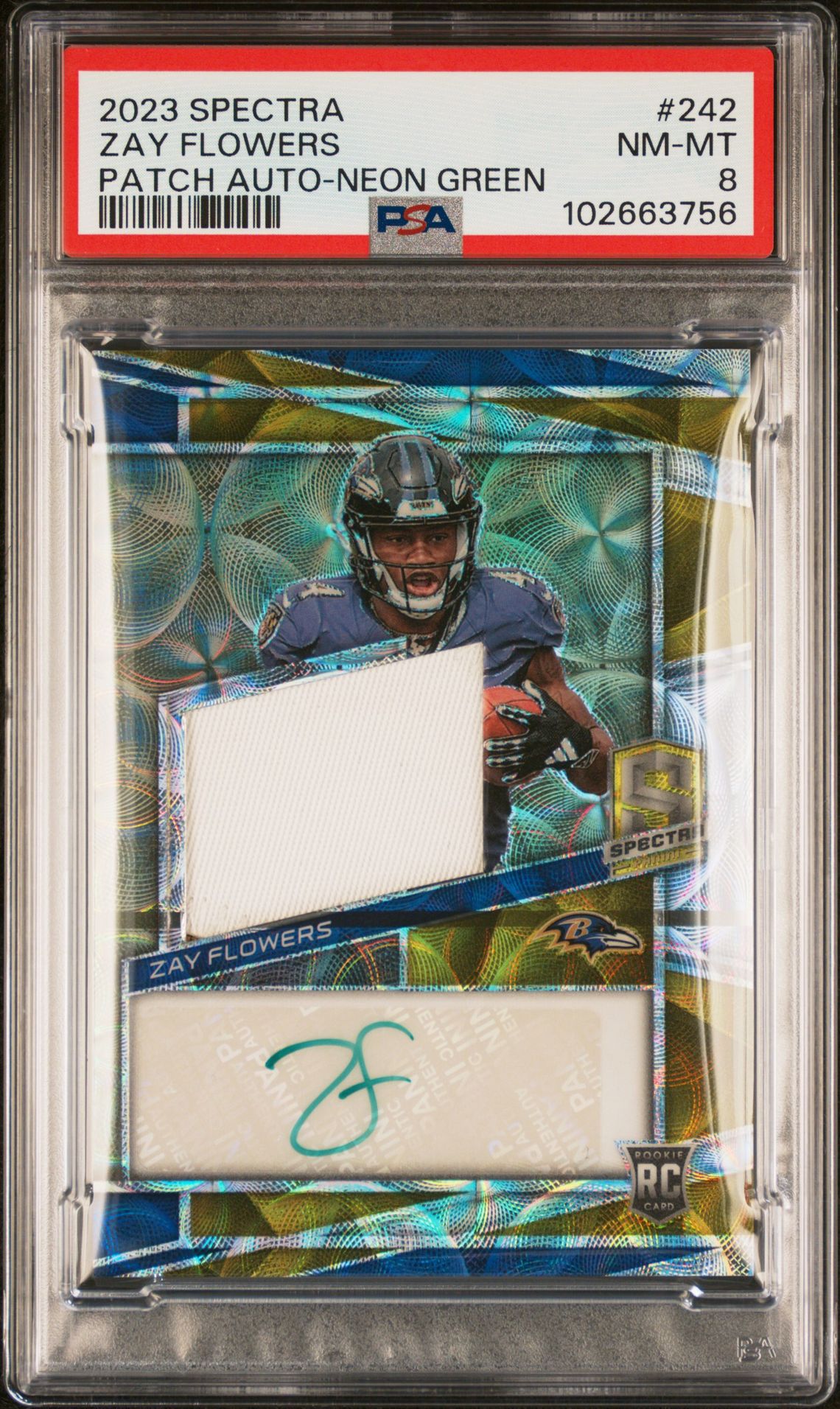 2023 Panini Spectra Zay Flowers #242 (Patch Auto-Neon Green) Nm-Mt 8 front