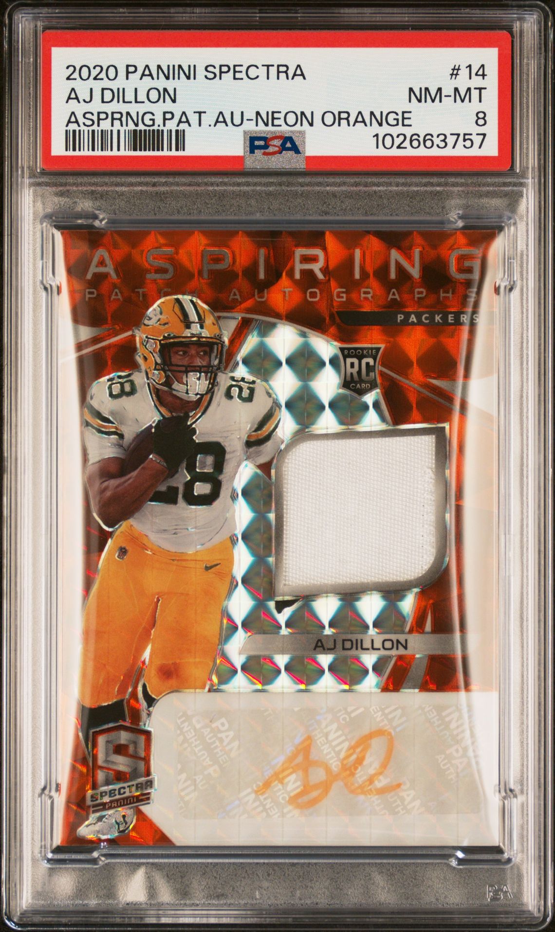 2020 Panini Spectra Aspiring Patch Autographs Aj Dillon #14 (Asprng.pat.au-Neon Orange) Nm-Mt 8 front