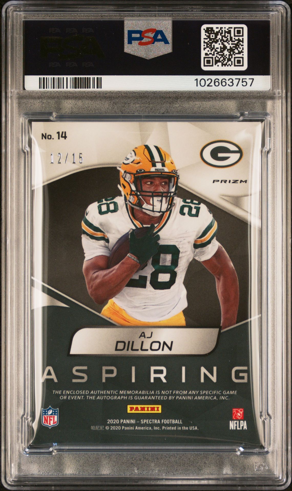 2020 Panini Spectra Aspiring Patch Autographs Aj Dillon #14 (Asprng.pat.au-Neon Orange) Nm-Mt 8 back