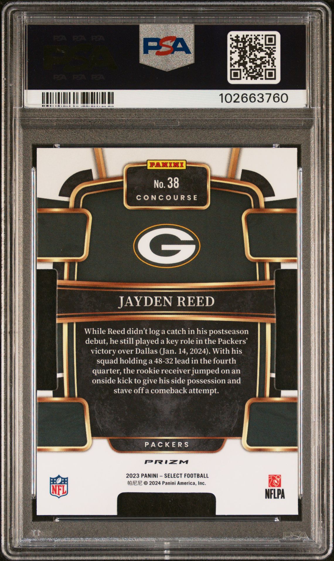 2023 Panini Select Jayden Reed #38 (Die-Cut Black & Green Prizm) Gem Mt 10 back