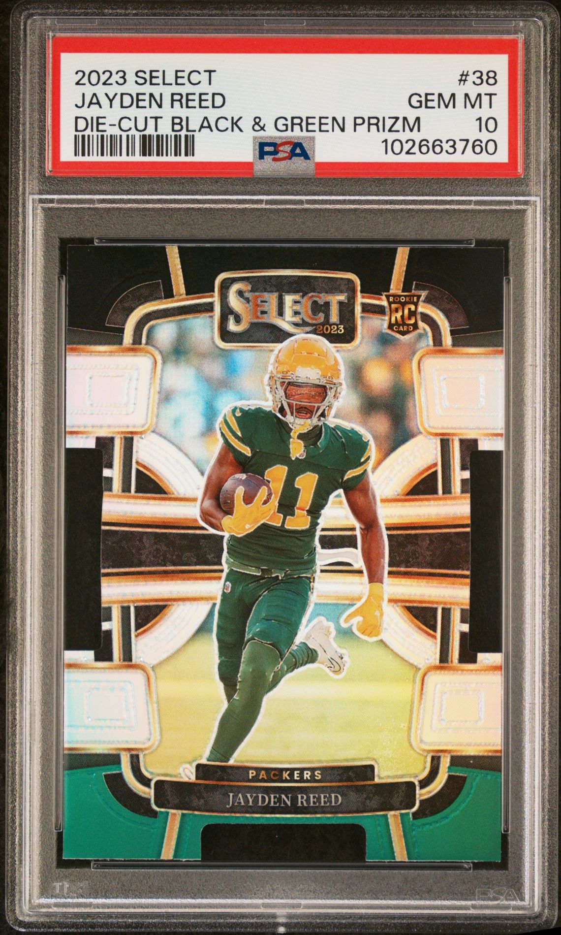 2023 Panini Select Jayden Reed #38 (Die-Cut Black & Green Prizm) Gem Mt 10 front