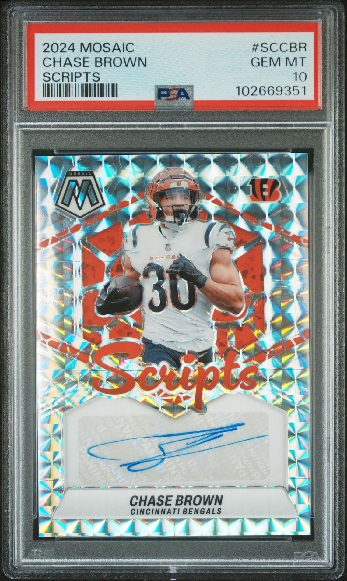 2024 Panini Mosaic Scripts Chase Brown #Sccbr Gem Mt 10 front