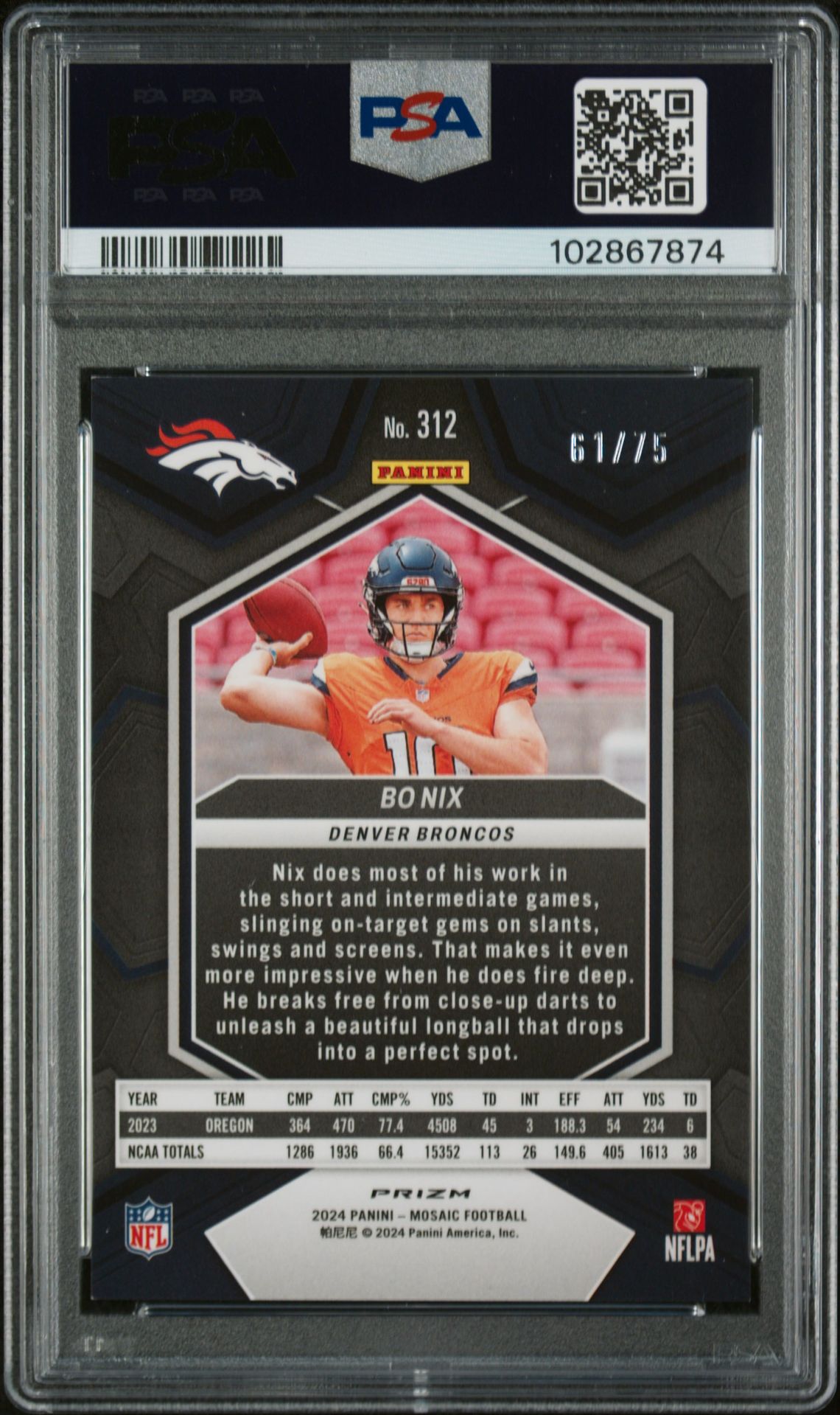 2024 Panini Mosaic Bo Nix #312 (Blue No Huddle) Mint 9 back