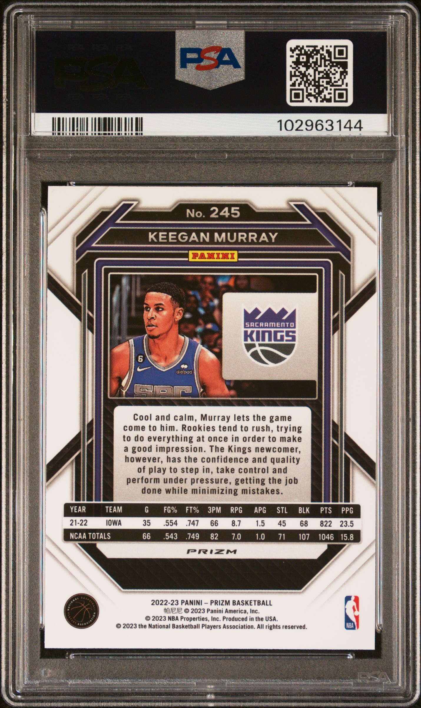 2022 Panini Prizm Keegan Murray #245 (Silver Prizm) Gem Mt 10 back