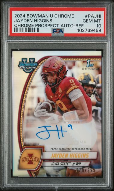2024 Bowman University Chrome Bowman Chrome Prospect Autographs Jayden Higgins #Pajhi (Chrome Prospect Auto-Ref) Gem Mt 10 front