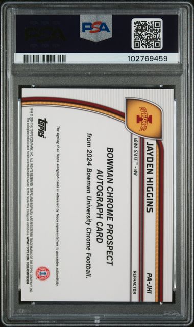 2024 Bowman University Chrome Bowman Chrome Prospect Autographs Jayden Higgins #Pajhi (Chrome Prospect Auto-Ref) Gem Mt 10 back