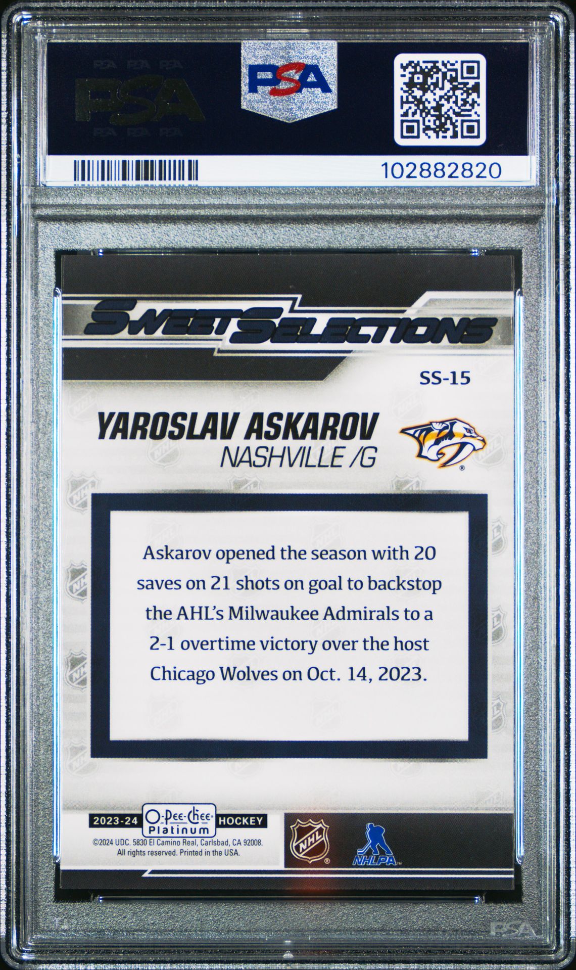 2023 Upper Deck O-Pee-Chee Platinum Sweet Selections Yaroslav Askarov #Ss15 Mint 9 back