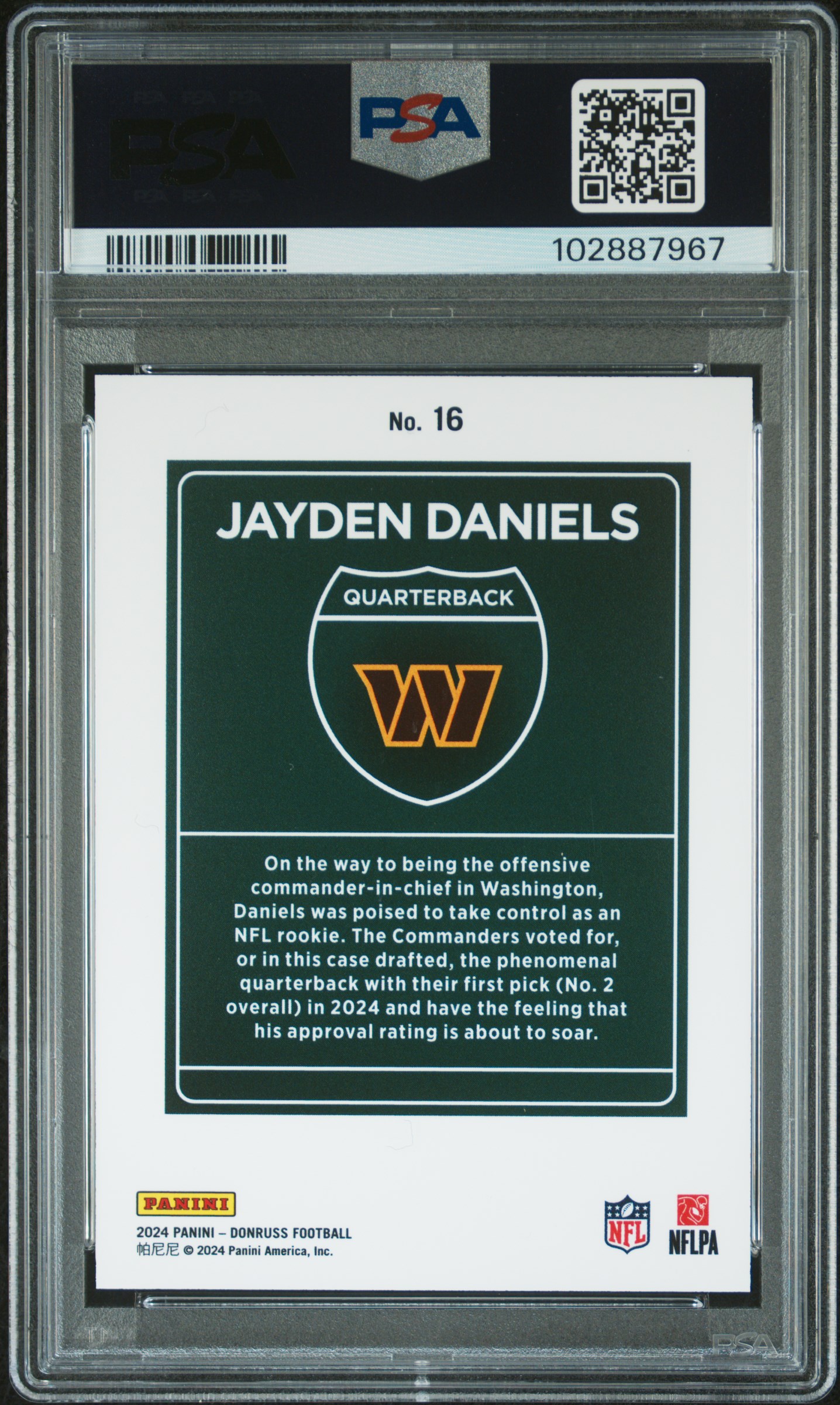 2024 Panini Donruss Downtown! Jayden Daniels #16 Gem Mt 10 back