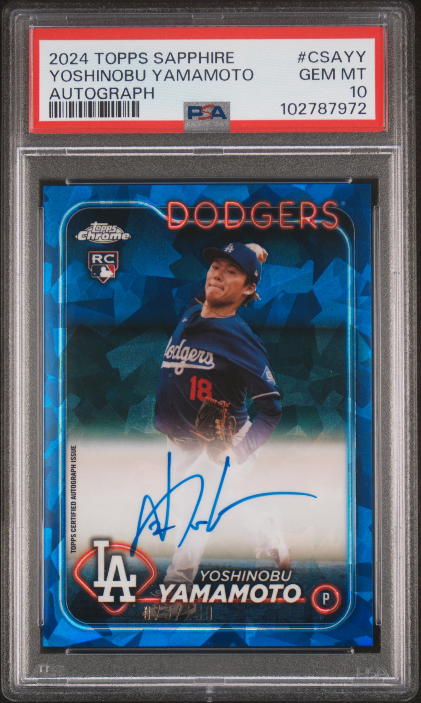 2024 Topps Chrome Sapphire Chrome Sapphire Autographs Yoshinobu Yamamoto #Csayy Gem Mt 10 front