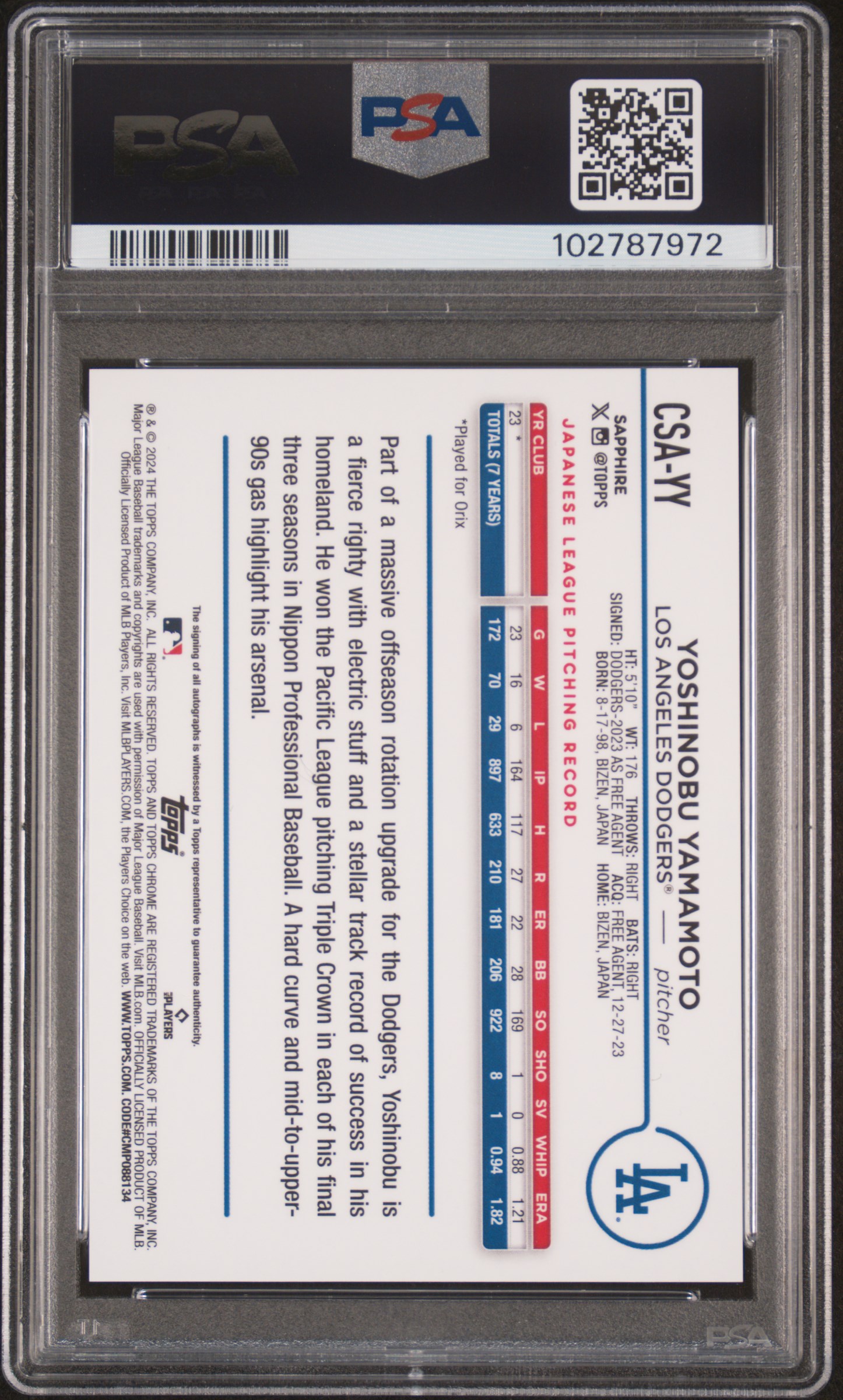 2024 Topps Chrome Sapphire Chrome Sapphire Autographs Yoshinobu Yamamoto #Csayy Gem Mt 10 back