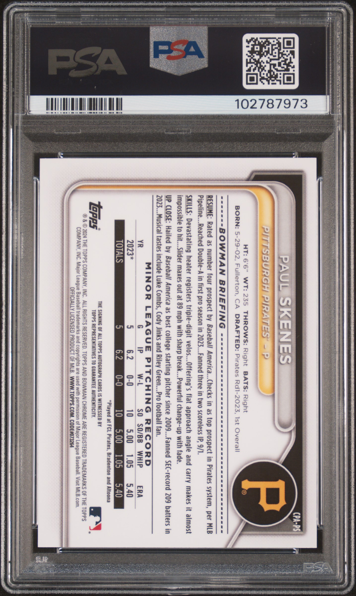 2024 Bowman Chrome Prospect Autographs Paul Skenes #Cpaps (Chr Prospect Au-Green Ref) Gem Mt 10 back