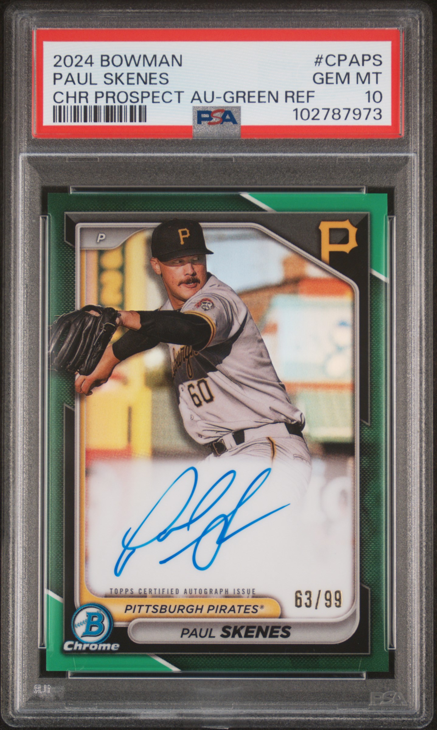 2024 Bowman Chrome Prospect Autographs Paul Skenes #Cpaps (Chr Prospect Au-Green Ref) Gem Mt 10 front