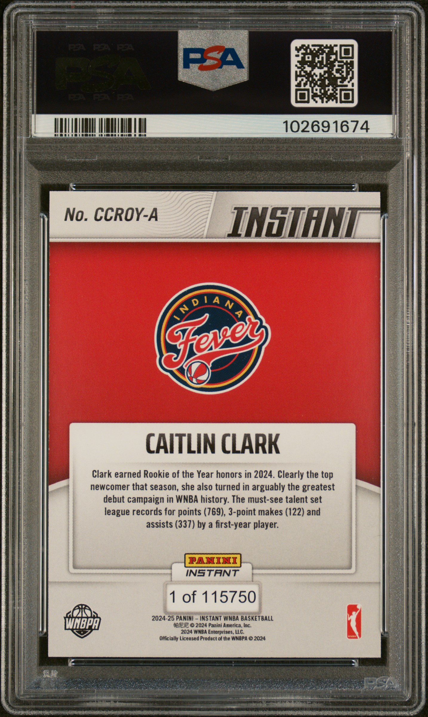 2024 Panini Instant Wnba Rookie Of The Year Caitlin Clark #A Gem Mt 10 back