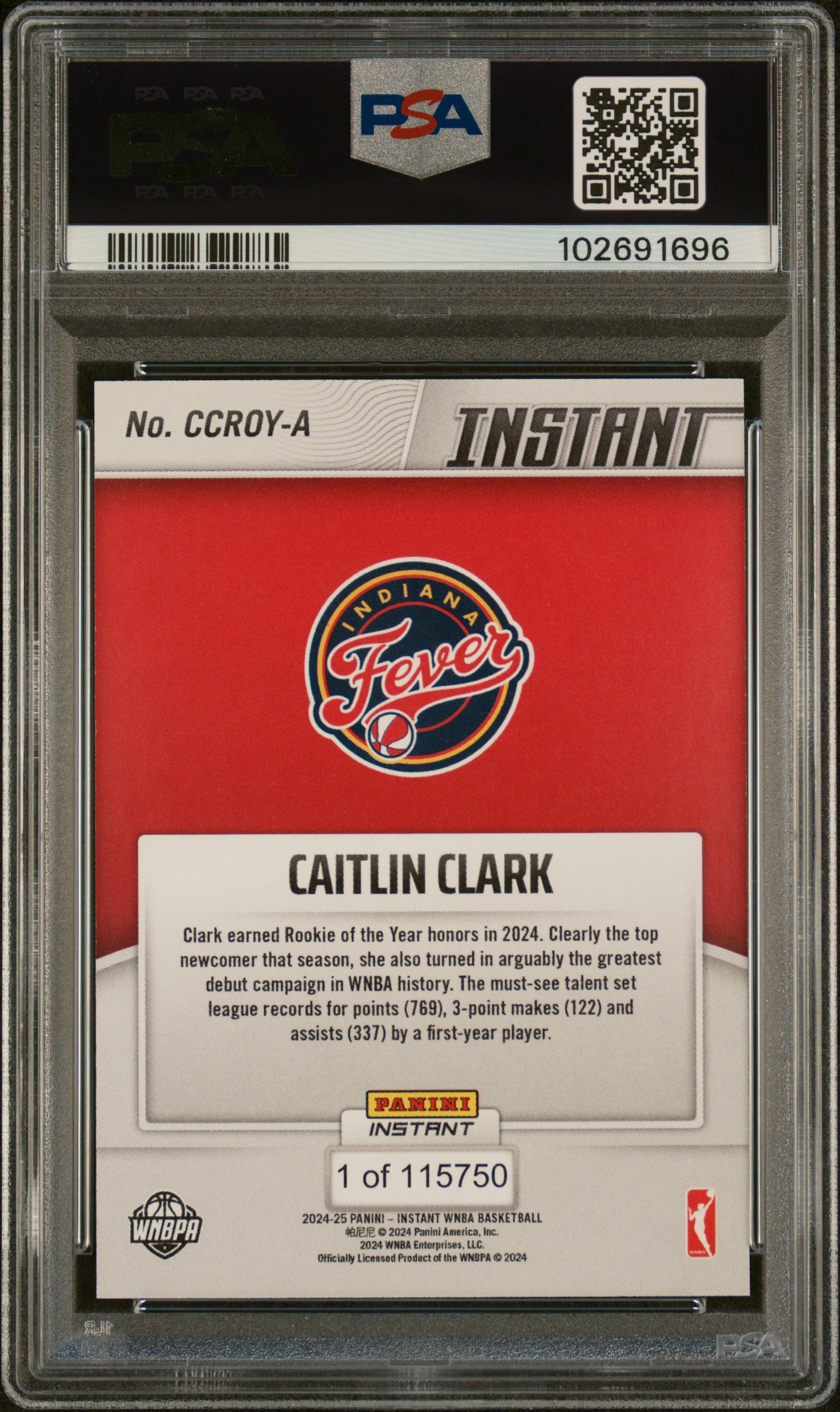 2024 Panini Instant Wnba Rookie Of The Year Caitlin Clark #A Gem Mt 10 back