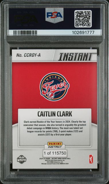 2024 Panini Instant Wnba Rookie Of The Year Caitlin Clark #A Gem Mt 10 back