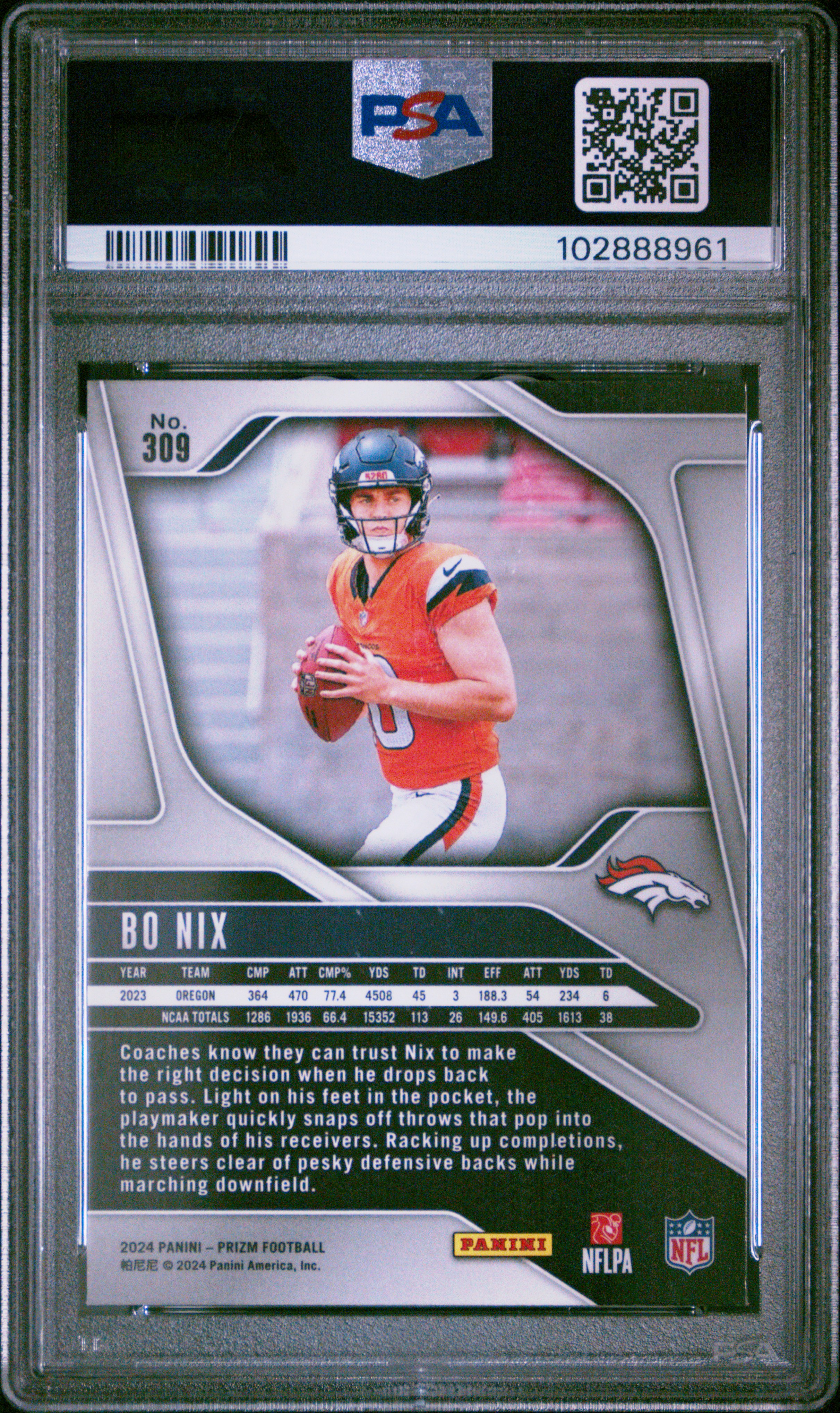 2024 Panini Prizm Bo Nix #309 Gem Mt 10 back