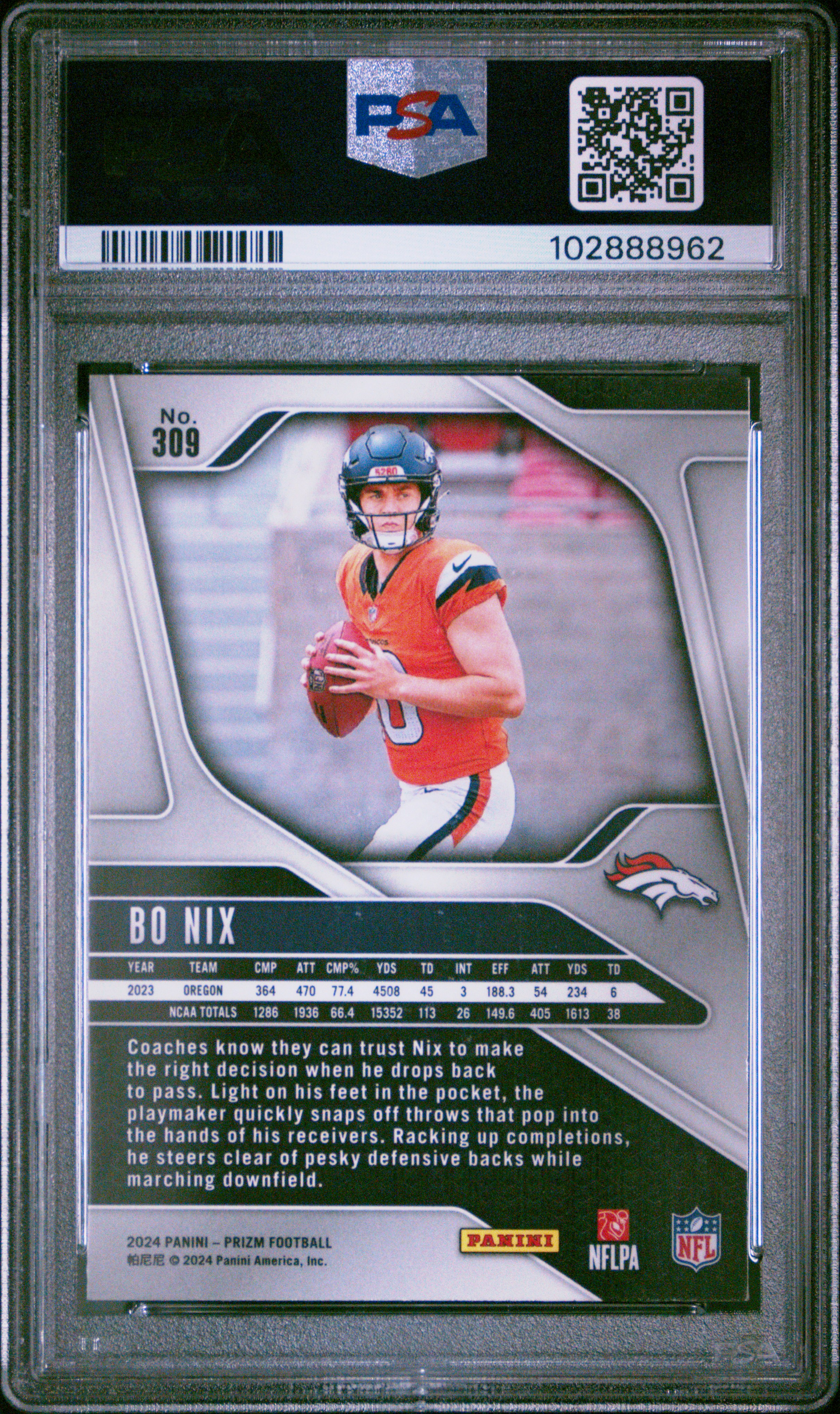 2024 Panini Prizm Bo Nix #309 Gem Mt 10 back