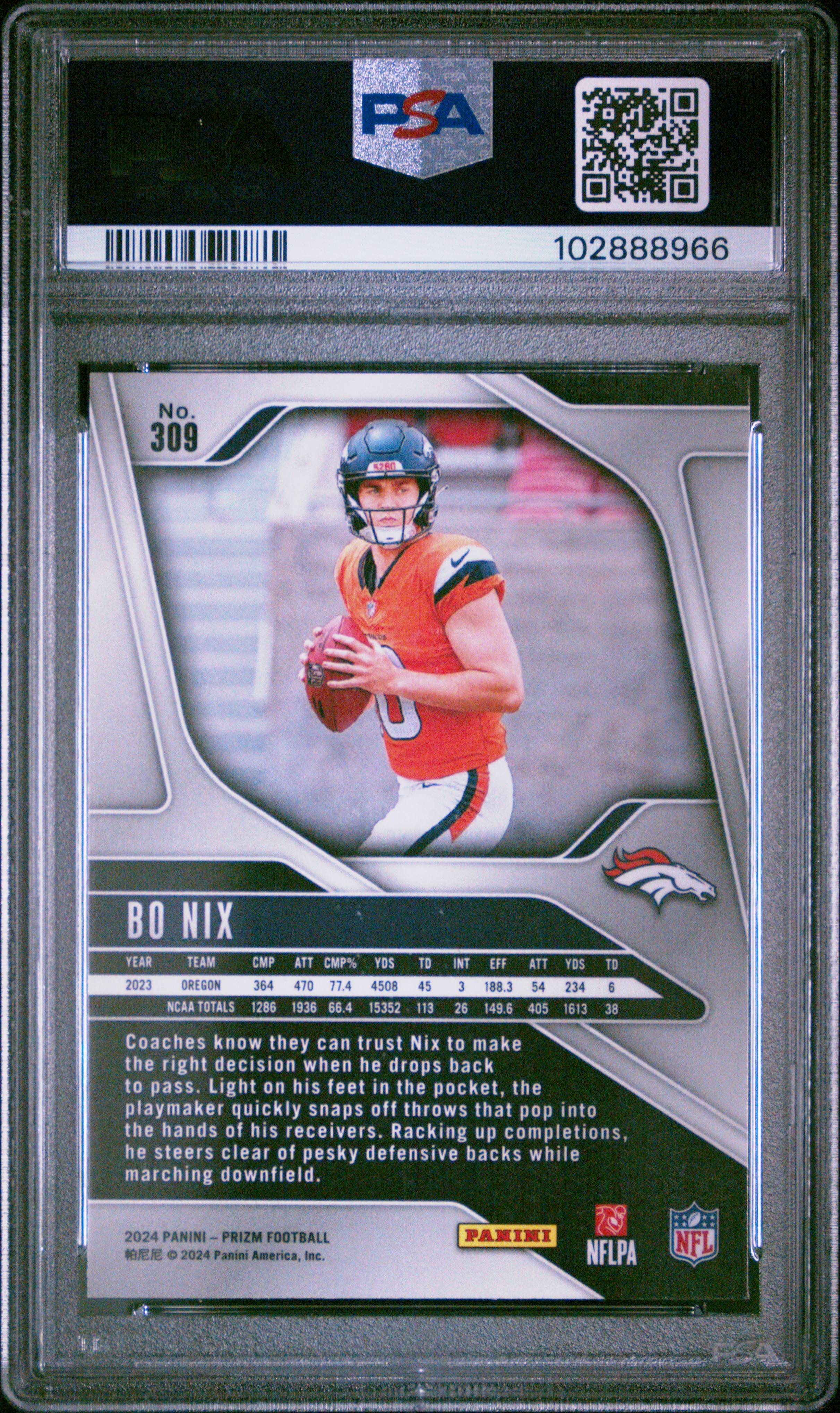 2024 Panini Prizm Bo Nix #309 Gem Mt 10 back