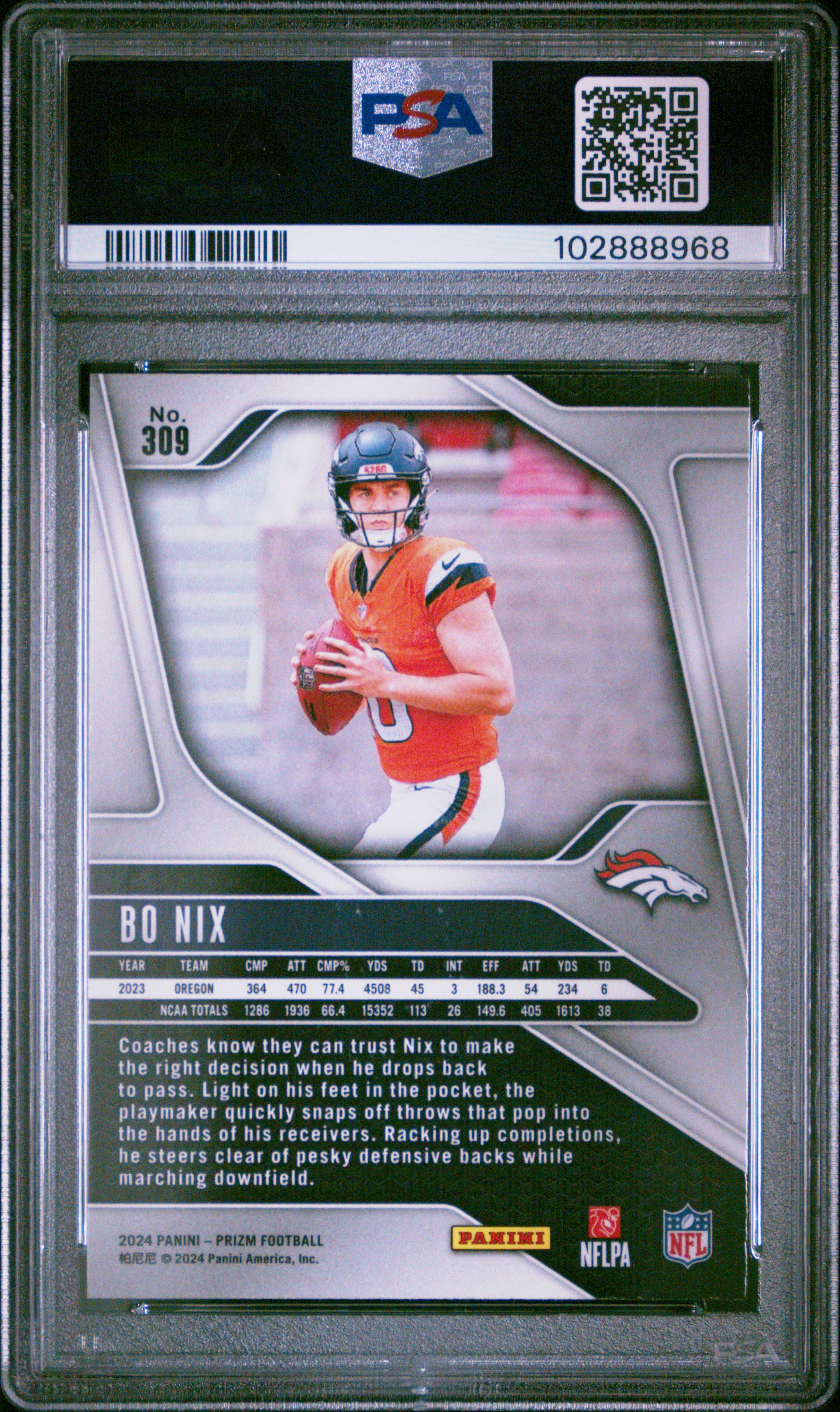 2024 Panini Prizm Bo Nix #309 Gem Mt 10 back