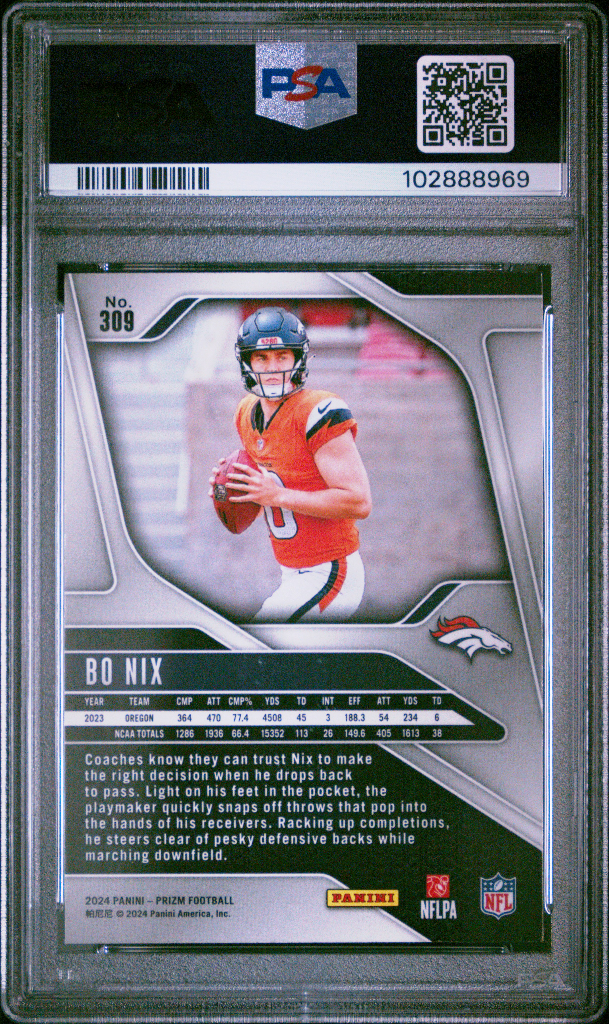 2024 Panini Prizm Bo Nix #309 Gem Mt 10 back