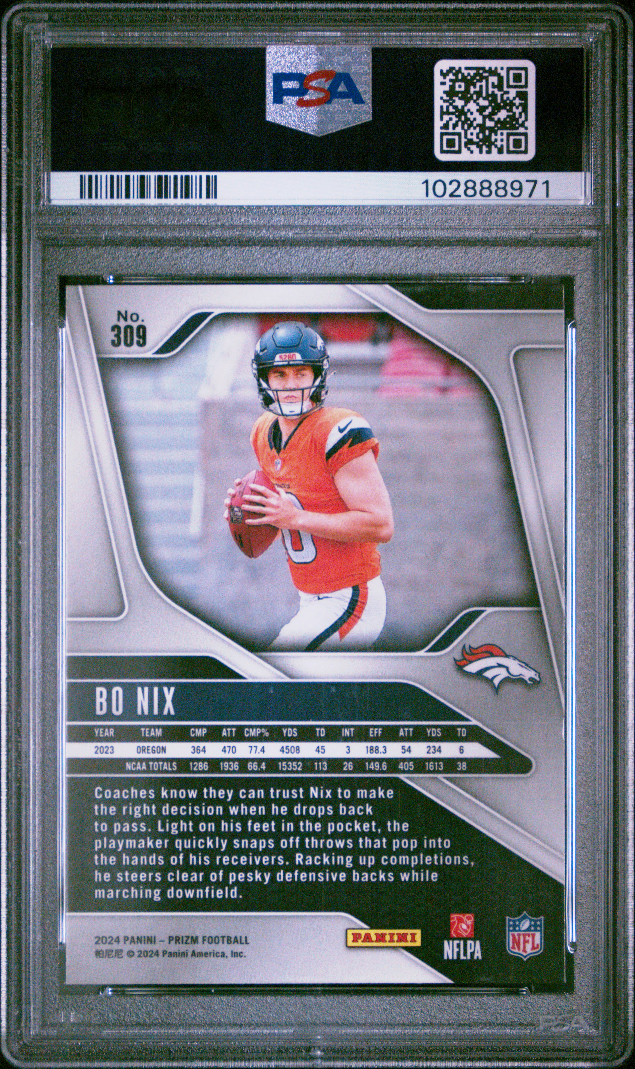 2024 Panini Prizm Bo Nix #309 Gem Mt 10 back